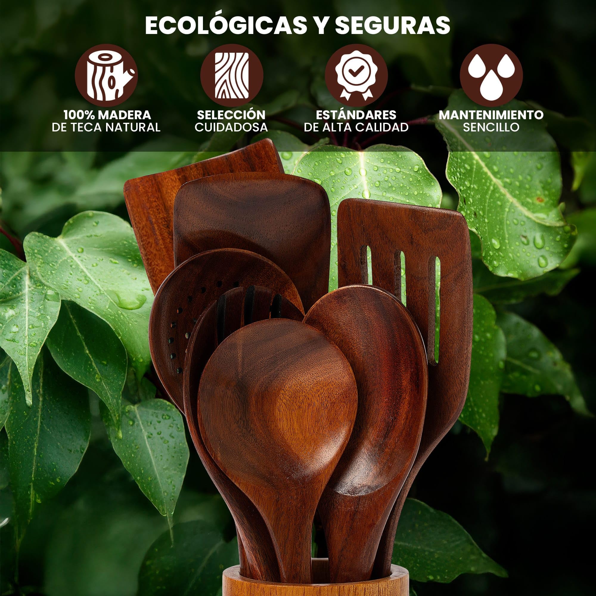 Utensilios de Cocina Madera - 9 pzas - Madera de Teca - Antiarañazos - Set de Espatulas y Cucharones de Cocina - Agarre Comodo para sartenes Antiadherentes - CAMBLA