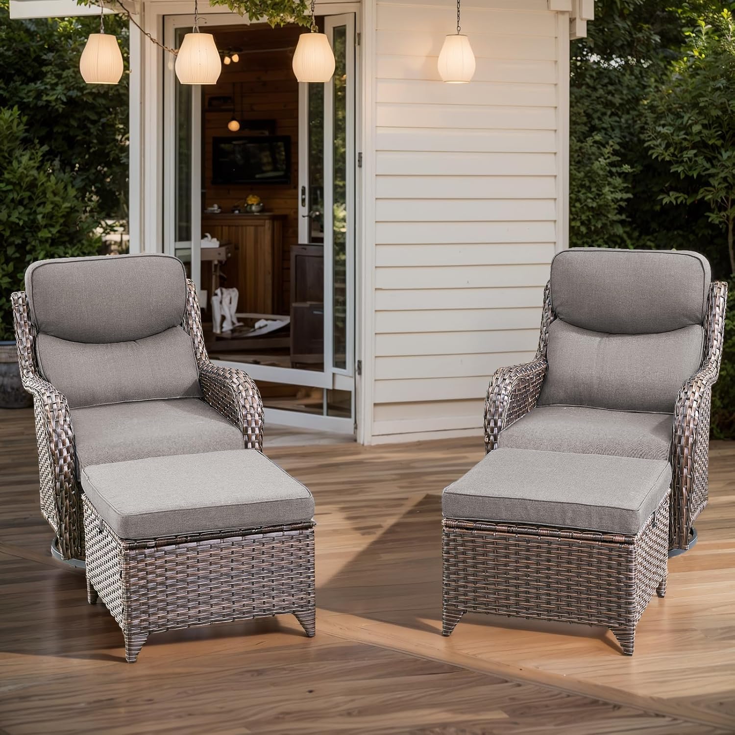 HUMMUH Wicker Patio Furniture High Back Swivel Rocker Patio Chairs Outdoor Bistro Set with Ottomans Side Table for Porch Garden Deck