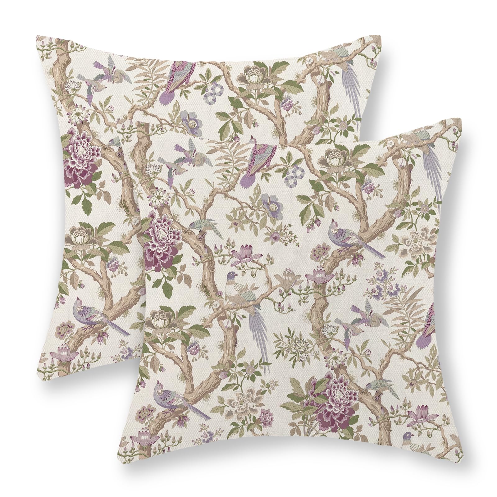 GOLIANDA Chinoiserie Pillow Covers 18x18 Set of 2 Purple Green Floral Bird Throw Pillows Vintage Flowers Bird Decorative Pillow Cases Outdoor