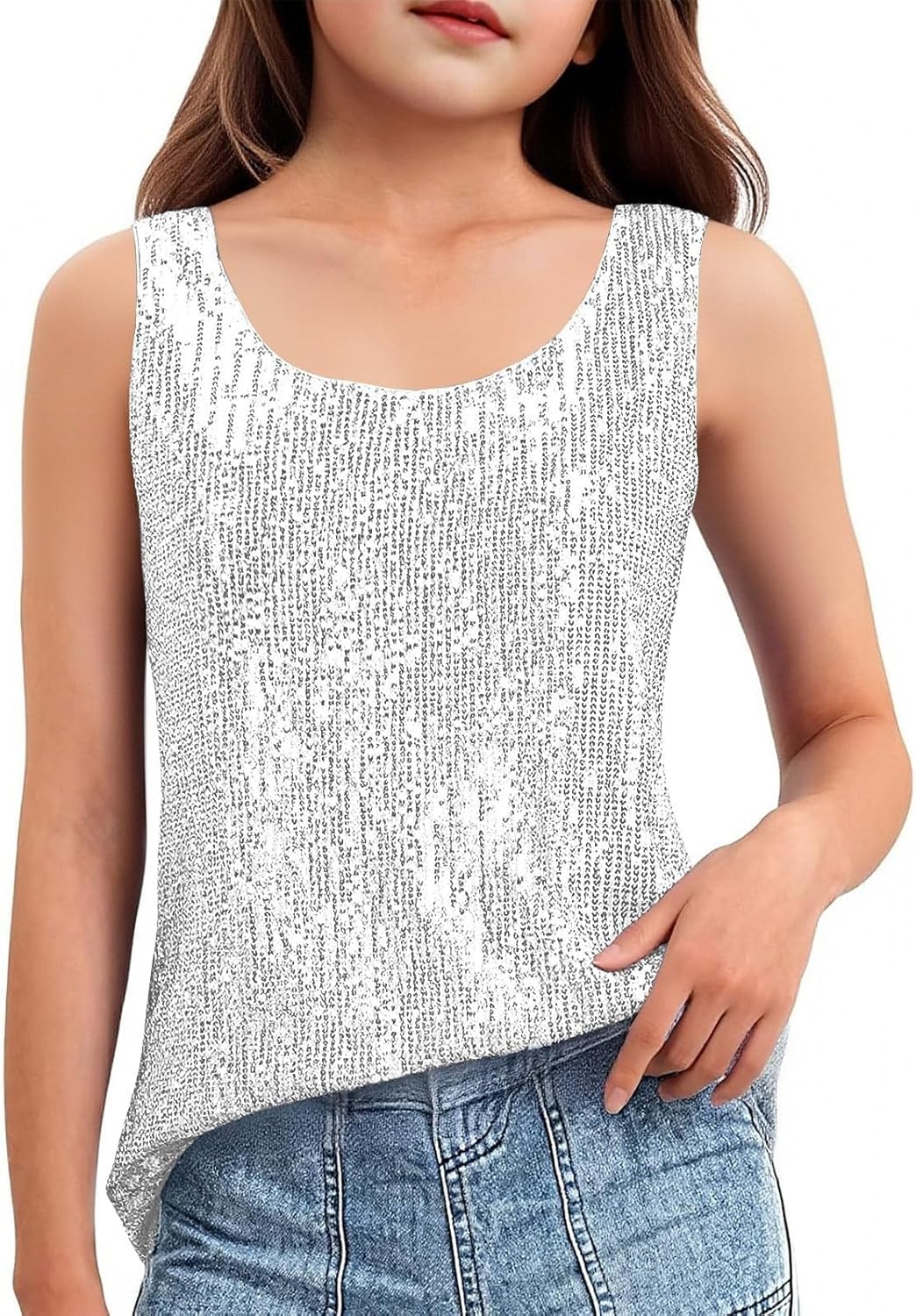 COHBNCFT Girls Sequins Tank Tops Loose Casual Sparkle Glitter Dance Sleeveless Top Birthday Party Shirt Teens Summer Clothes