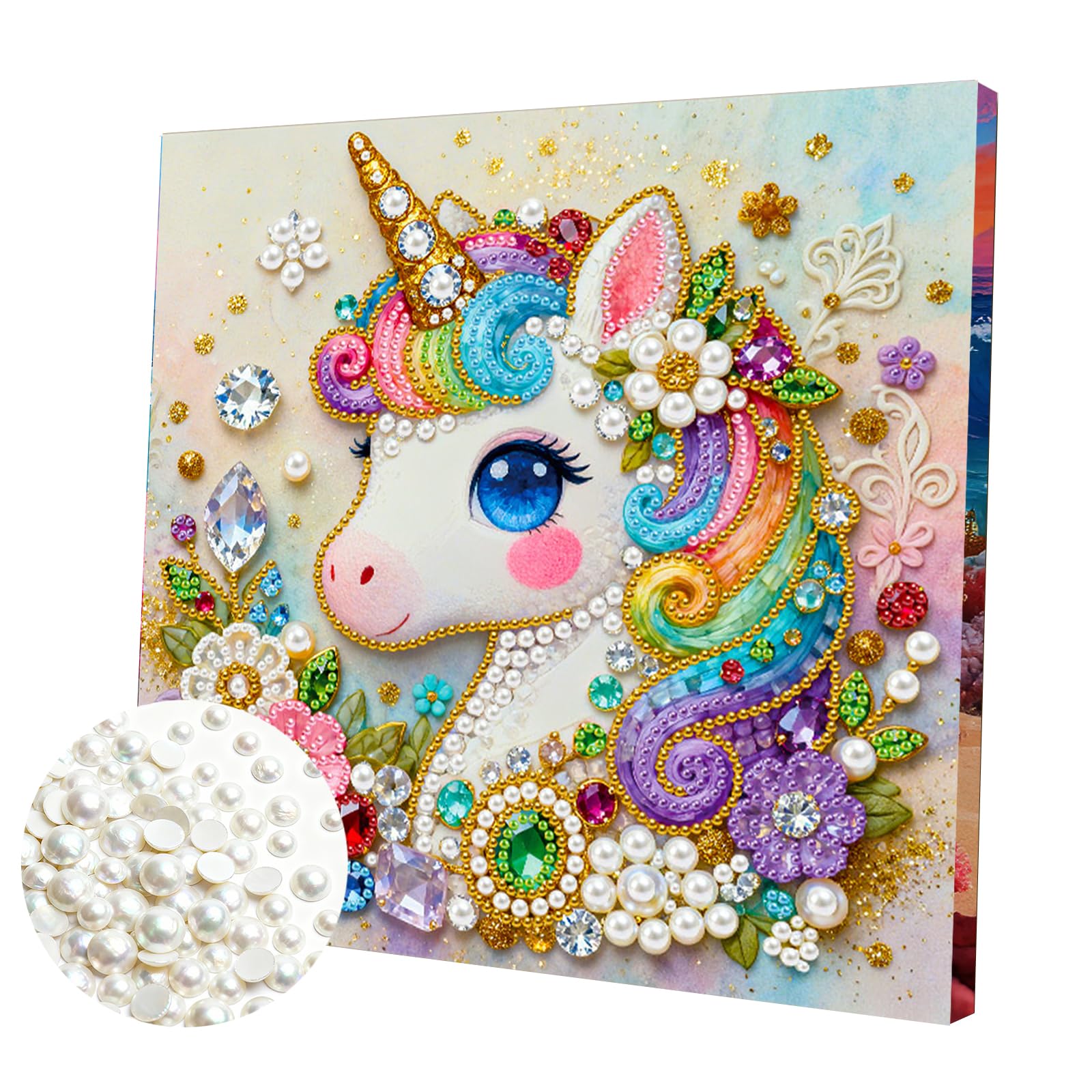 DIY Pearl Painting Kit with Wooden Frame, 3D Plastic Pearl Gemstone Ocean Art Craft for Adults Beginners, Diamond Dot Painting, Home Wall Decor Ready Gift for Women(Flower Unicorn)(25 * 25cm)