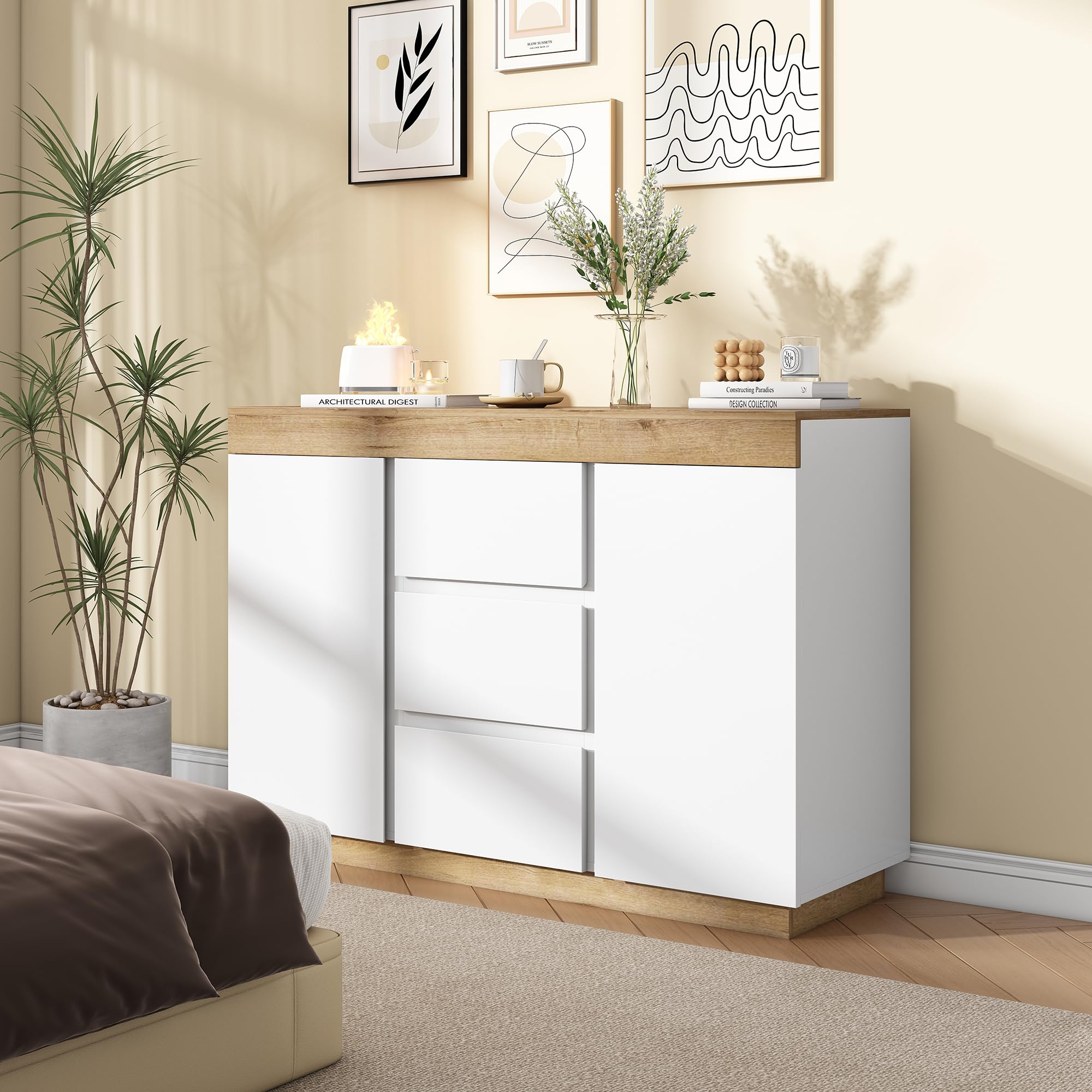 Merax Buffet de cuisine avec 3 tiroirs et 2 portes pour cuisine, buffet avec plan de travail, pour salle à manger, salon, style maison de campagne, blanc et chêne, 120 x 40 x 82 cm