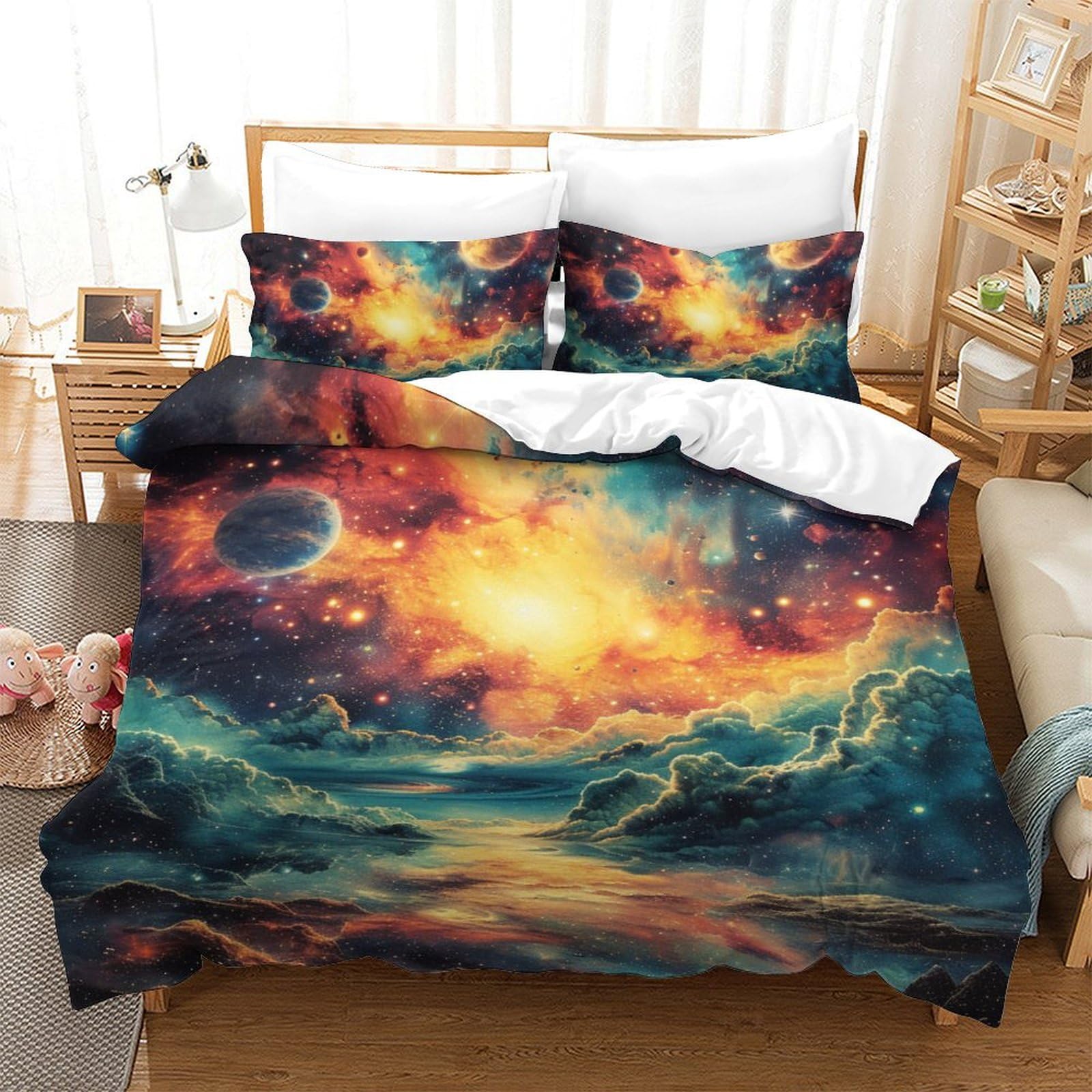 Parure de lit 3D univers housse de couette microfibre 200x200 avec taies d'oreiller pour lit double
