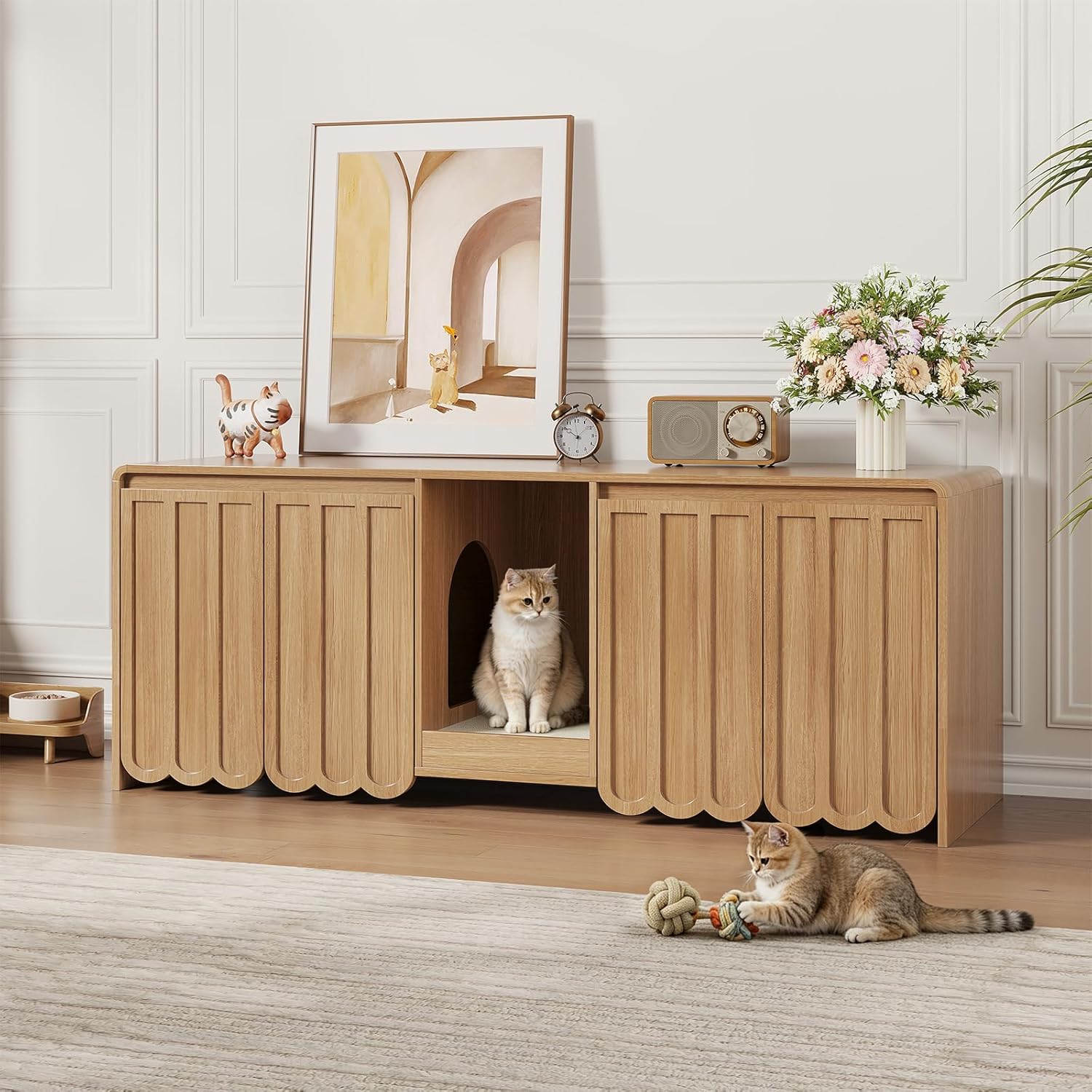 Halitaa Litter Box Enclosure for 2 Cats, 57.9" Hidden Litter Box with Scratch Pad, Modern Fluted Cat Litter Box Furniture with Dual Rooms, Cat Box Enclosure, TV Stand, Natural