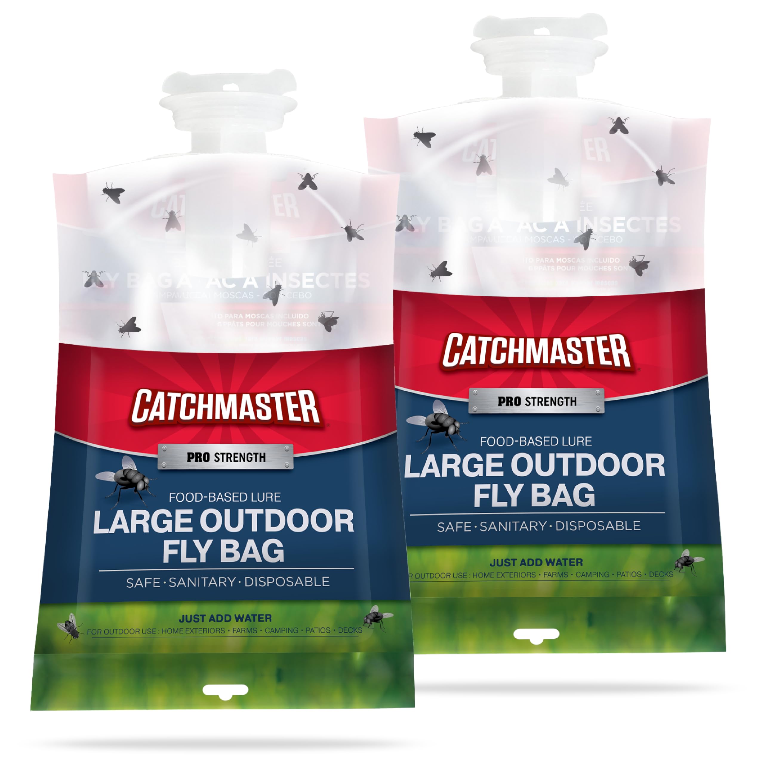 Catchmaster Pro Series Disposable Fly Bag 2-Pack, Hanging Fly Trap Outdoor Home, Bug Catcher and Flying Insect Trap with Premium Food Lure, Pest Control XL Bag for Backyard, Pool, Patio & Camping