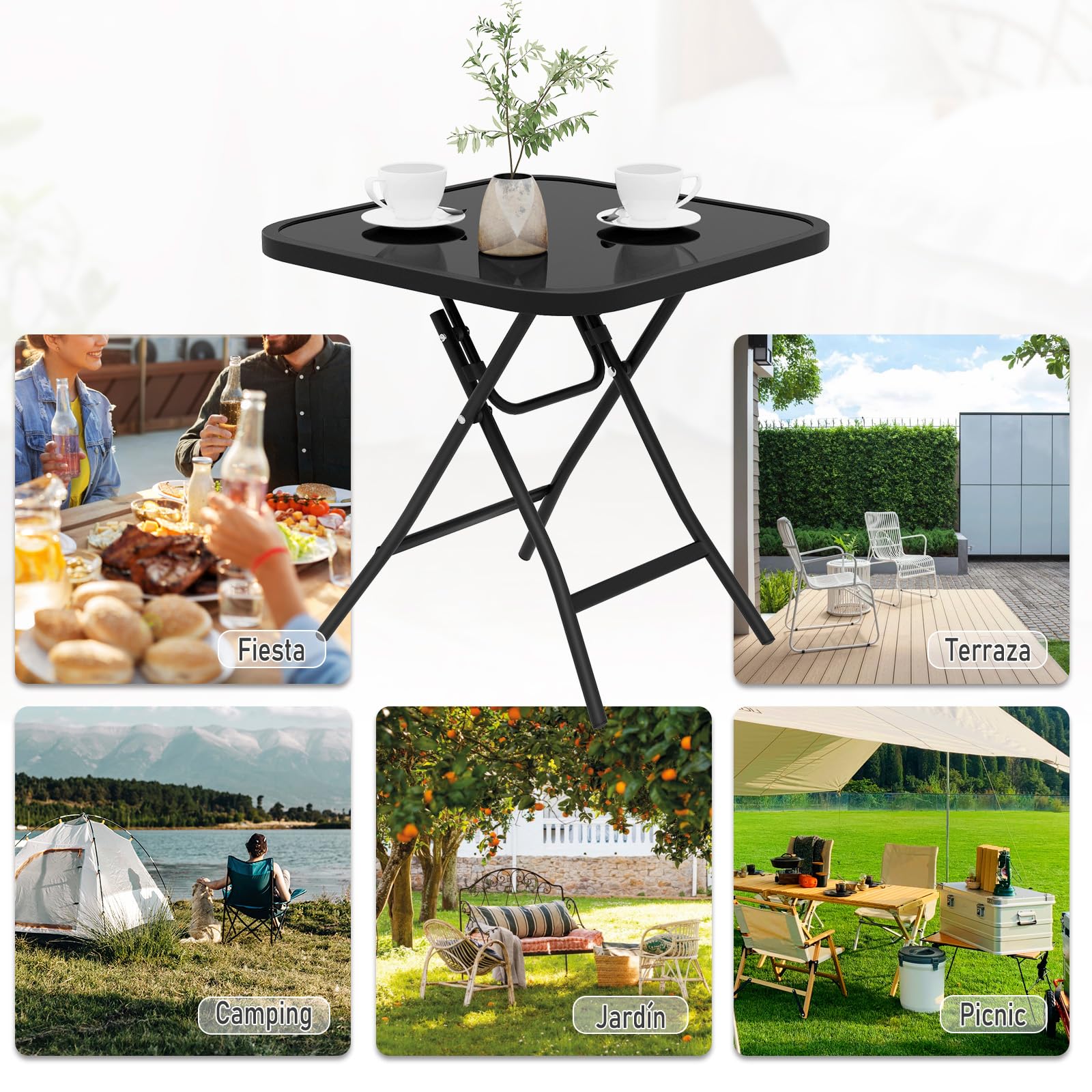 eSituro Mesa Auxiliar Plegable, Mesita de Jardin, Mesa Plegable Exterior Pequeña para Terraza, Balcón y Patio, Metal Tablero de Cristal, Cuadrada Negro 46x46x48cm