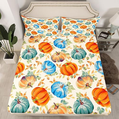 Miniatura 2 de Erosebridal Juego de sábanas de Feliz Acción de Gracias, juego de sábanas de calabaza de otoño, hojas de otoño y otoño, sábana superior de estilo