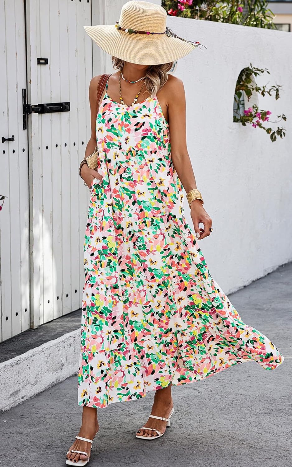 PRETTYGARDEN Women Summer Dresses 2026 Spaghetti Strap Scoop Neck Floral Maxi Dress Flowy Boho Long Sundress with Pockets - Image 3