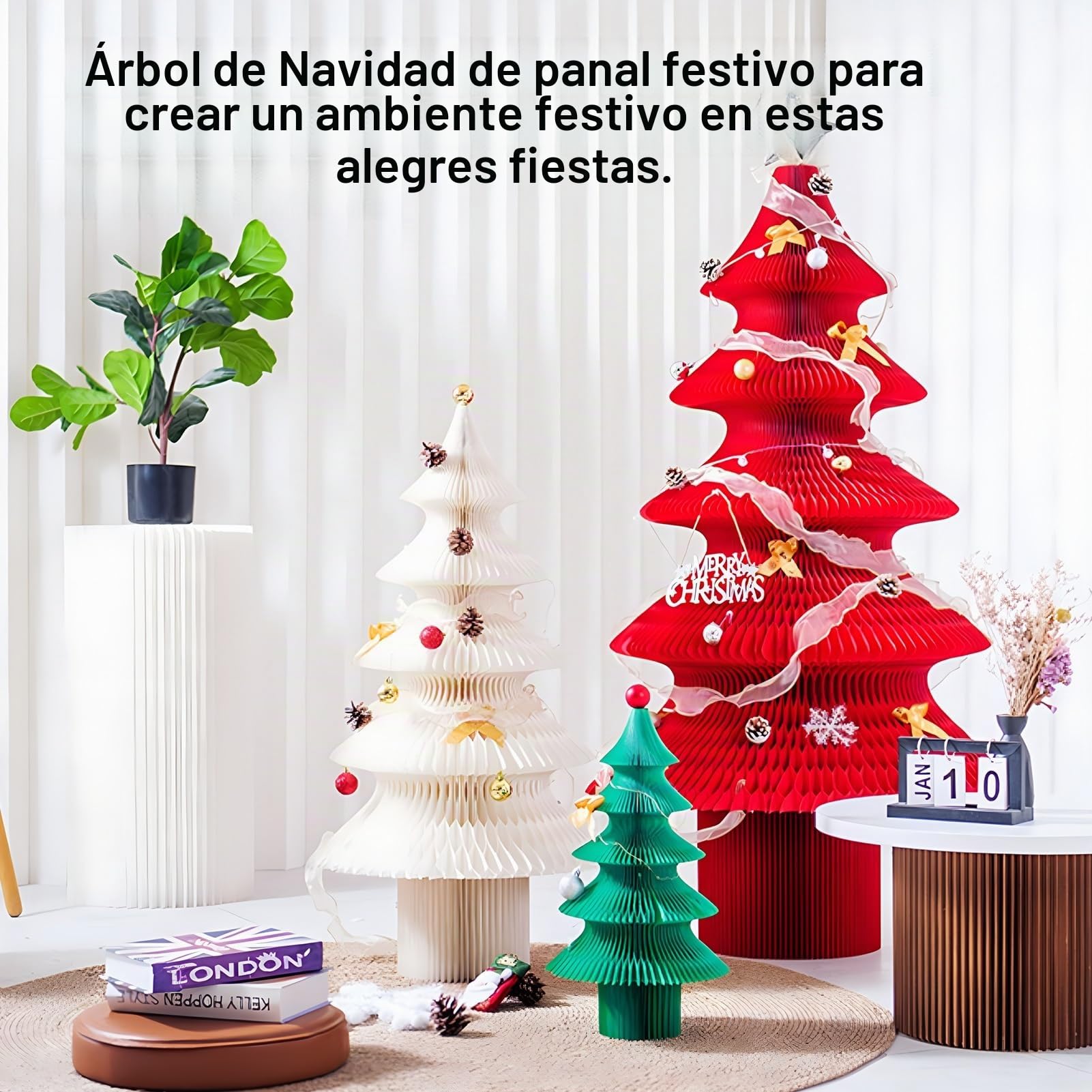 Árbol De Navidad Plegable Rojo, Árbol De Navidad De Panal para Fiesta, Árbol De Navidad De Papel Artificial con Accesorios(10.2x18.5in)