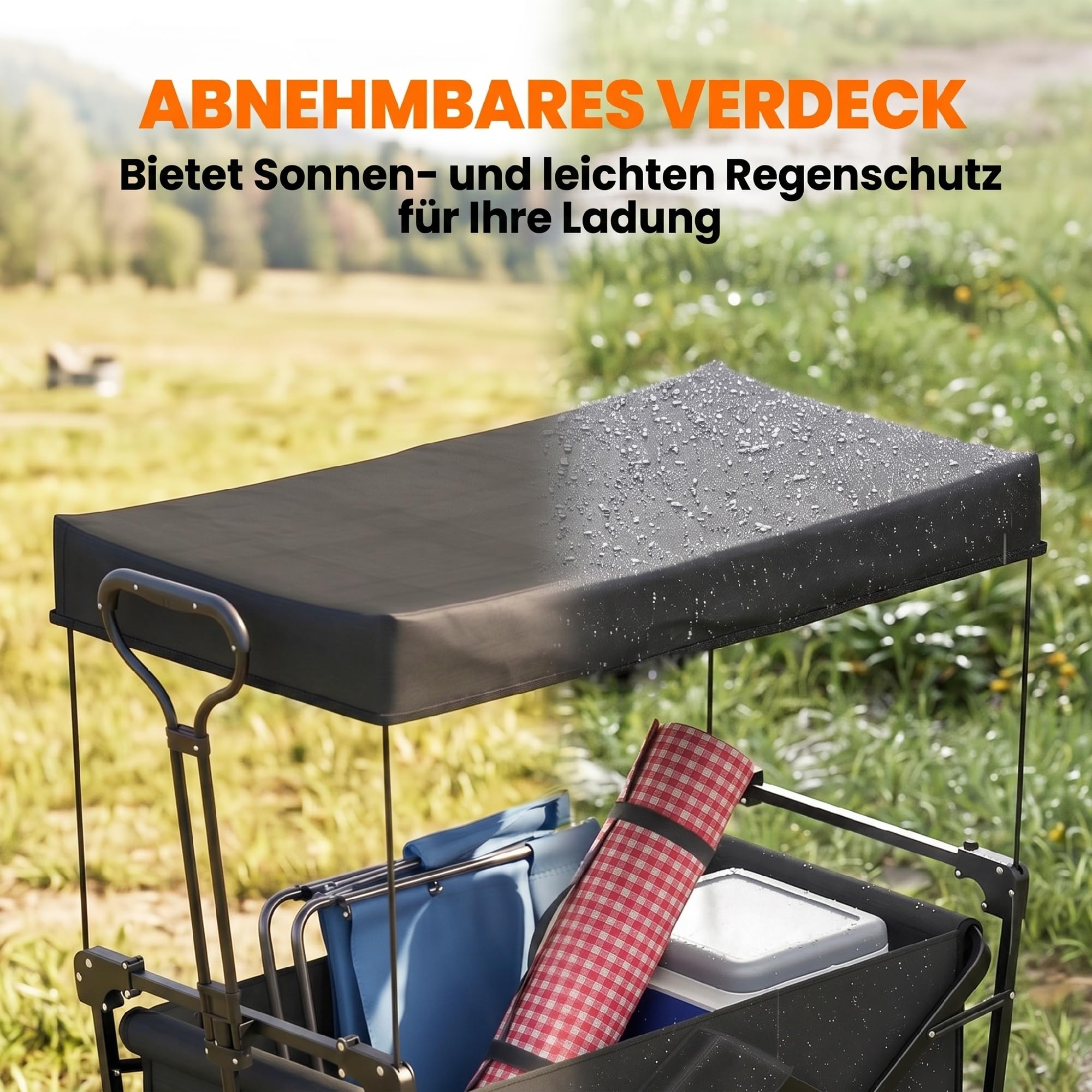 Outsunny Bollerwagen Faltbar Transportwagen mit Sonnendach 100 kg Schwarz | Handwagen mit Griff, Gartenwagen mit Tragetasche, Oxford