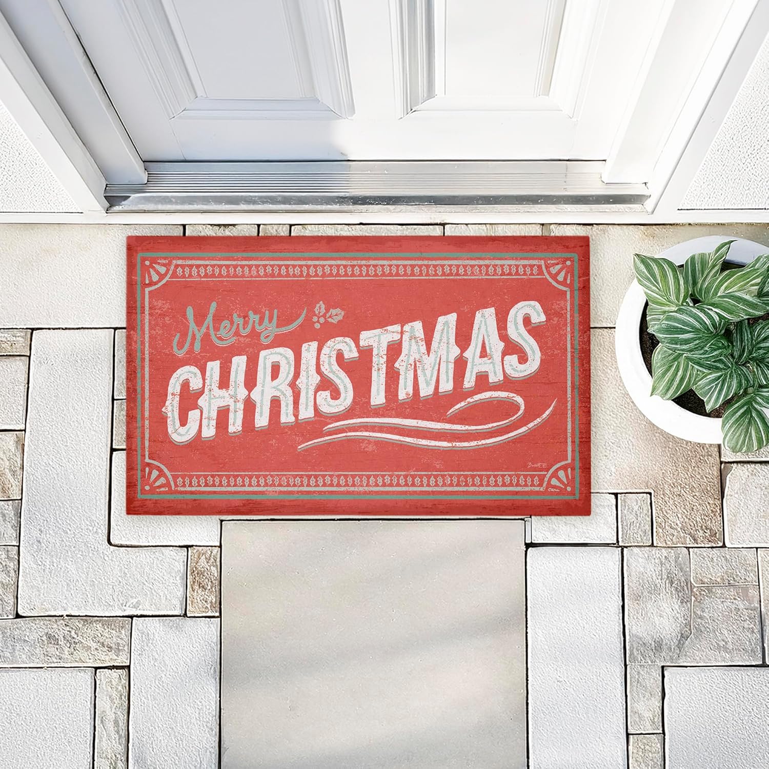 Stupell Industries Red Vintage Merry Christmas Outdoor Door Mat, Durable Non-Slip Mat with Recycled Rubber Backing, Weather-Resistant Classic Holiday Design by Chad Barrett, 18"x30"