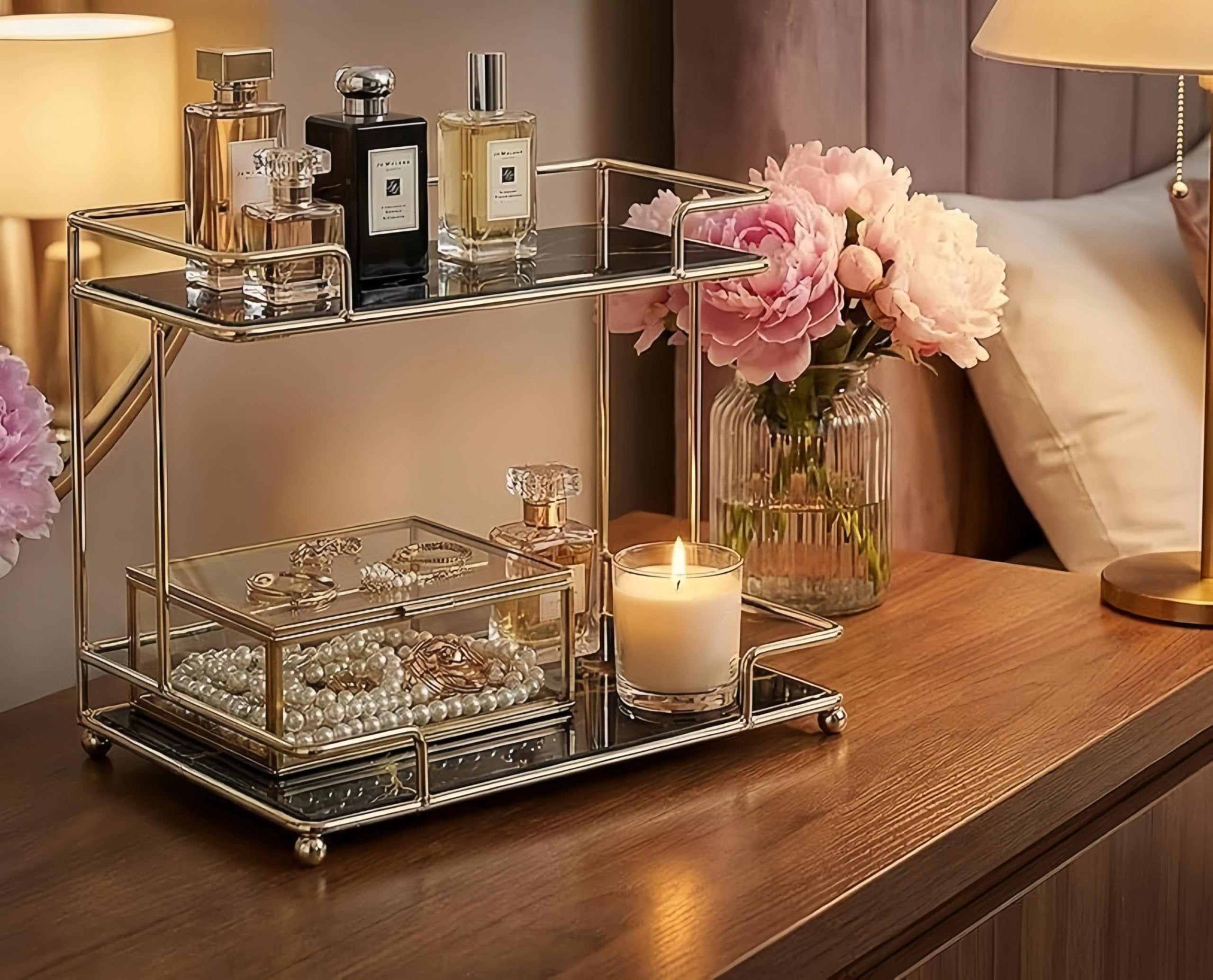 Perfumes Display Shelf, 2 Tier Bathroom Vanity Tray for Comestic, Makeups, Toiletries and Skincare, Multifunctional Cosmetic Storage Rack for Dresser and Countertop
