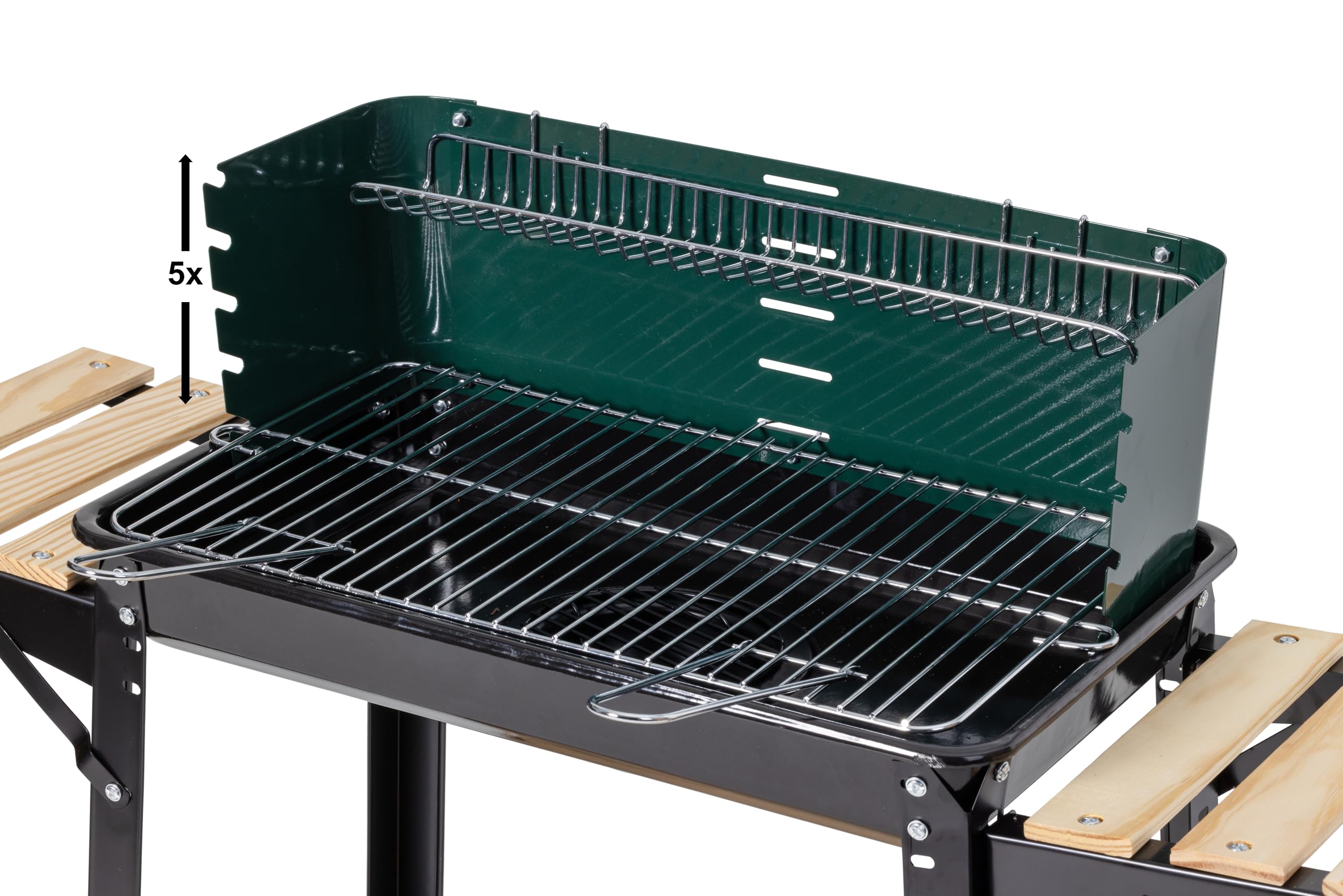 aro Barbacoa de Carbón con Ruedas, Acero/Madera, 2 rejillas, 2 mesas Auxiliares, Asas de Madera, Protector de Viento, Verde