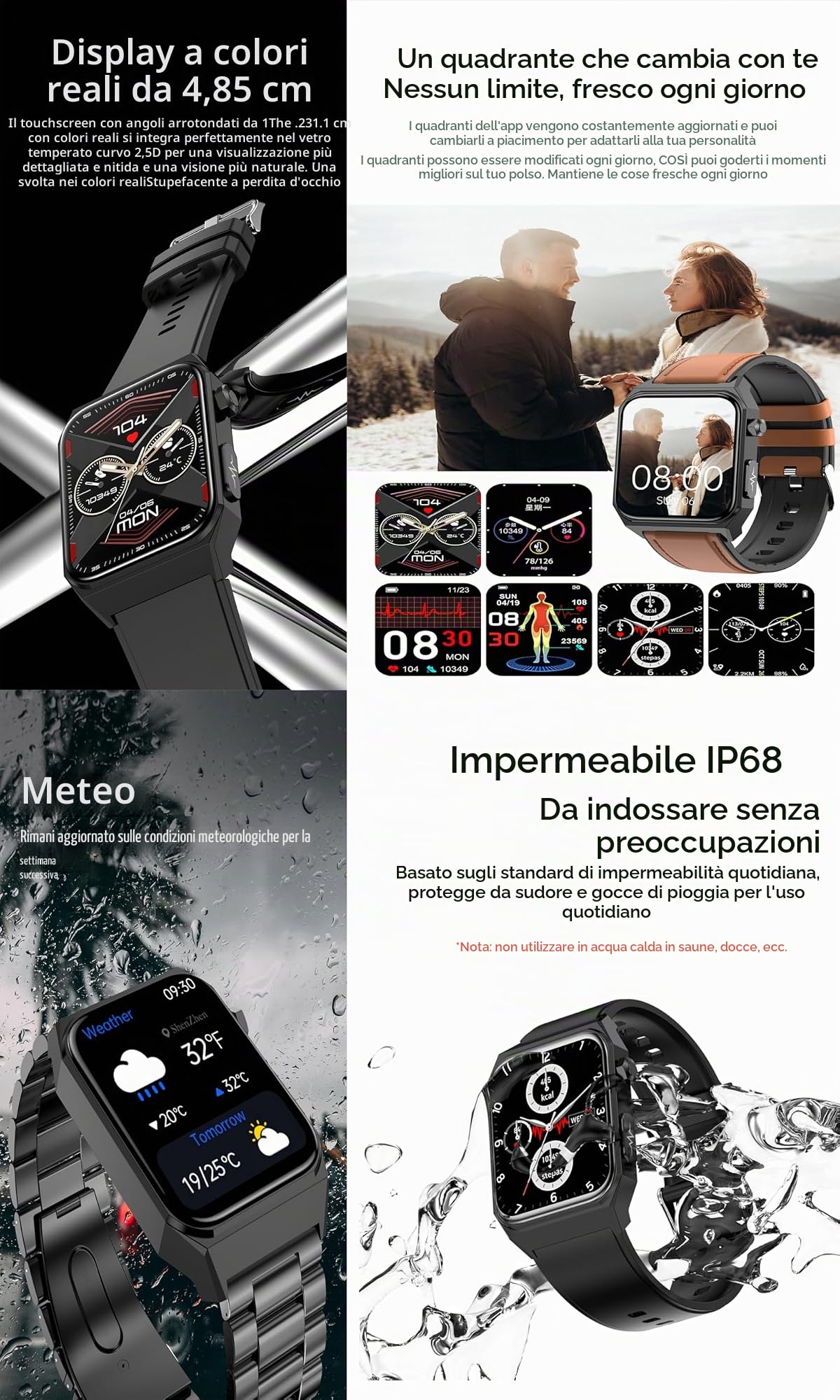 Smartwatch ECG, 1,91'' Orologio Pressione Sanguigna con ECG Certificato, Cardiofrequenzimetro, SpO2, Sonno, IP68 Impermeabile Fitness Tracker, Smartwatch Sport per Uomo Donna