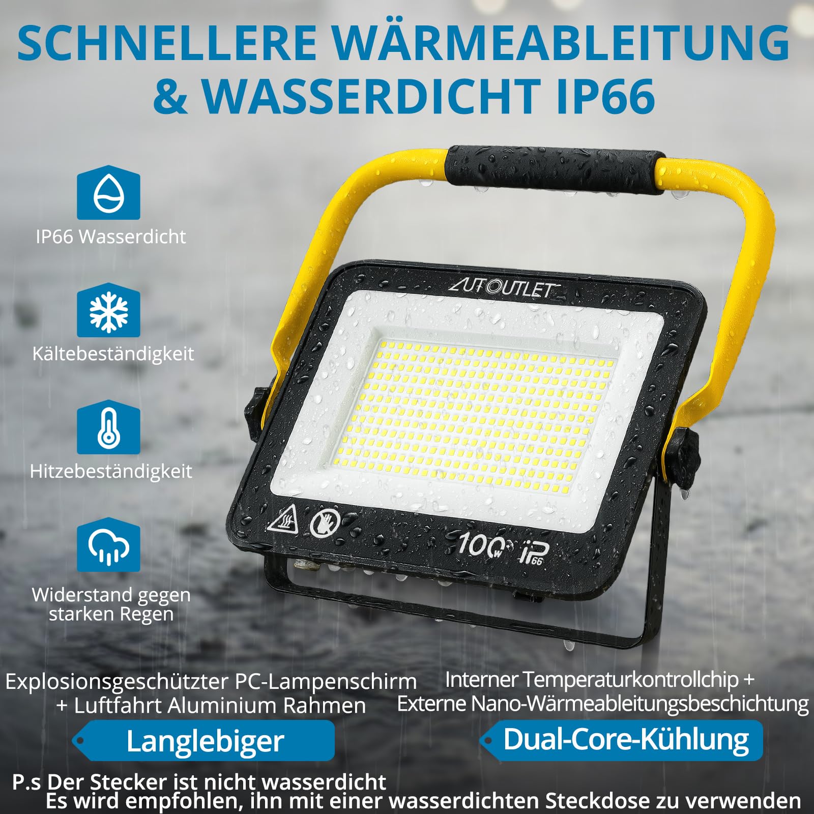 AUTOUTLET Baustrahler LED mit Stativ 300W, 3 Farbtemperaturmodi & 5M Kabel | 27000LM Baulampe, 3000K/5000K/6500K, 118-174cm Höhenverstellbar Stativ, IP66 Wasserdicht, Abnehmbar, für Garage Baustelle