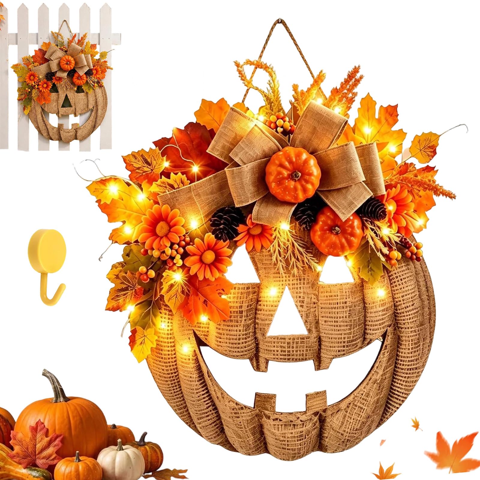 Lighted Burlap Pumpkin Wreath, Halloween Garland Patchwork Adorned with Remote Control, Halloween Farmhouse Fall Harvest Wreath for Indoor Outdoor Wall Porch Home Door (1pc,With Lights)