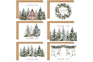 Whaline Christmas Thank You Cards Bulk, 36 Packs Watercolor Xmas Pine Tree Greeting Cards