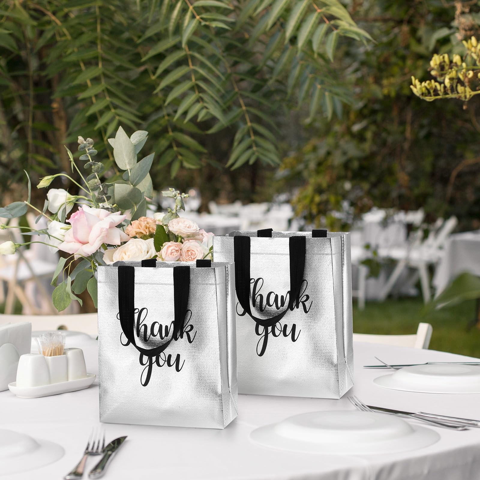 Fumete 50 Pcs Silver Glossy Thank You Gift Bag with Handles 8 x 4 x 10 Inch Non Woven Reusable Gift Bags for Graduation Fathers Day Wedding Birthday Party Engagement Anniversary Holidays