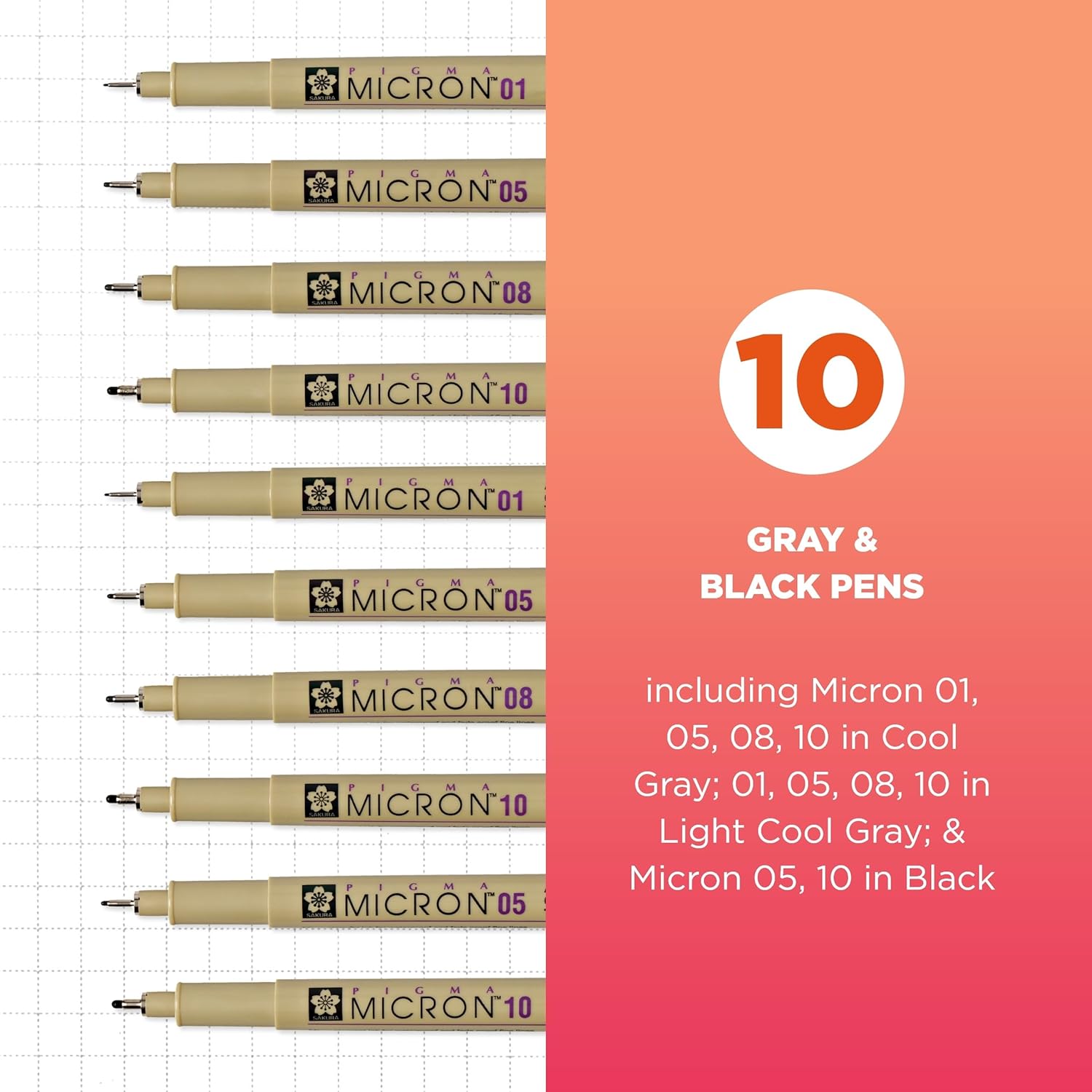 SAKURA Pigma Micron Fineliner Pens - Archival Black and Gray Ink Pens - Pens for Writing, Drawing, or Journaling - Assorted Point Sizes - 1 count Pack of 10