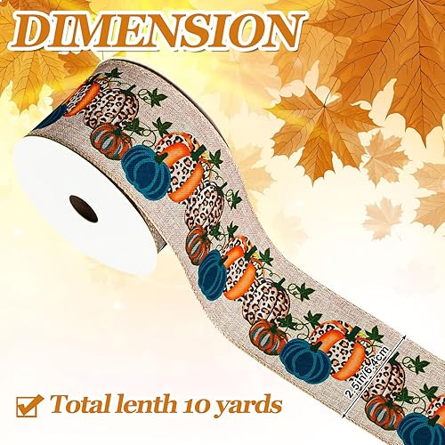 Miniatura 2 de Whaline Cinta de calabaza de otoño con borde con alambre, cinta de calabaza azul para manualidades, cinta de tela de cosecha de otoño, cintas de