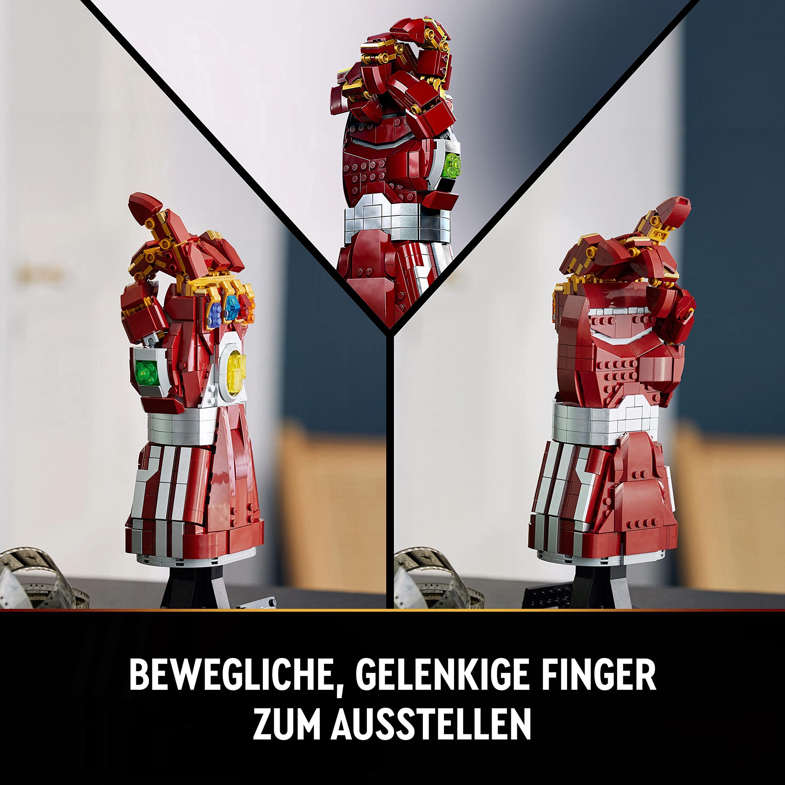 LEGO Marvel Iron Mans Nano Handschuh, Baubares Iron Man-Modell mit Infinity-Steinen aus leuchtende Bausteinen, inspiriert von „Avengers: Endgame“, Sammlerstück für Erwachsene 76223