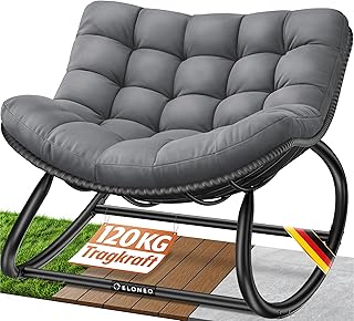 ELONEO Schaukelstuhl Outdoor XXL, ergonomischer Schaukelsessel mit Premium Sitzpolster für drinnen & draußen, Balkonsessel, wetterfester Loungesessel Outdoor, rutschfest, bis 120kg, Grau