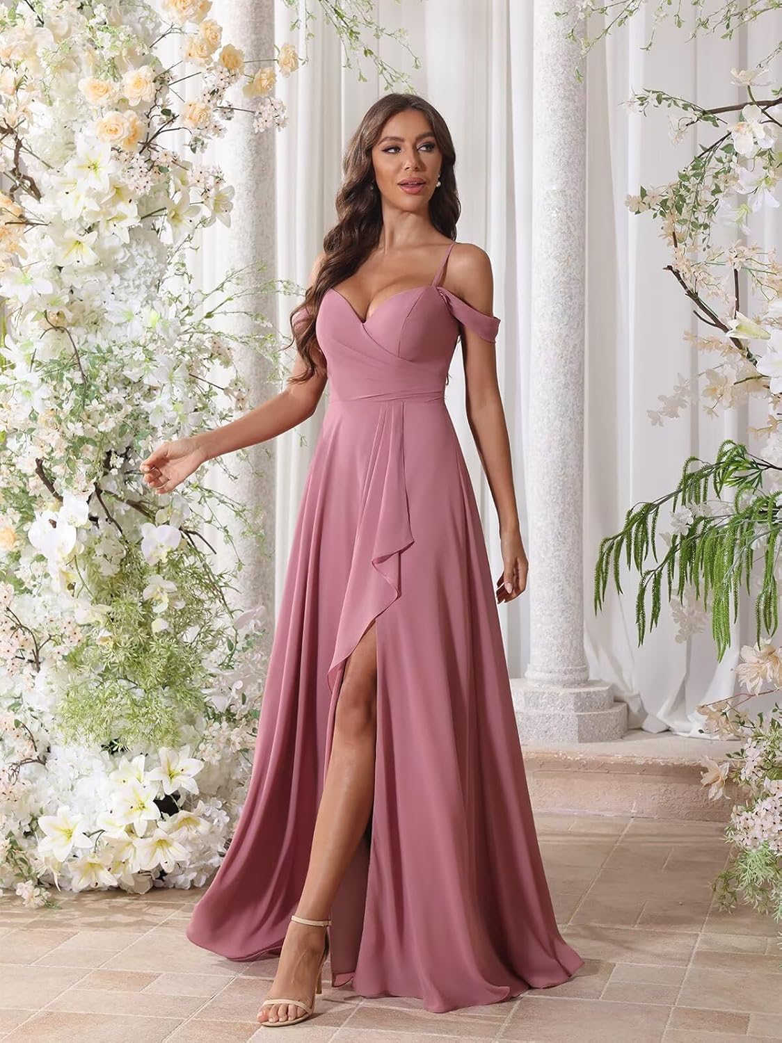 Smileven Chiffon Off The Shoulder Bridesmaid Dresses Ruffle A Line Wedding Guest Gown with Slit