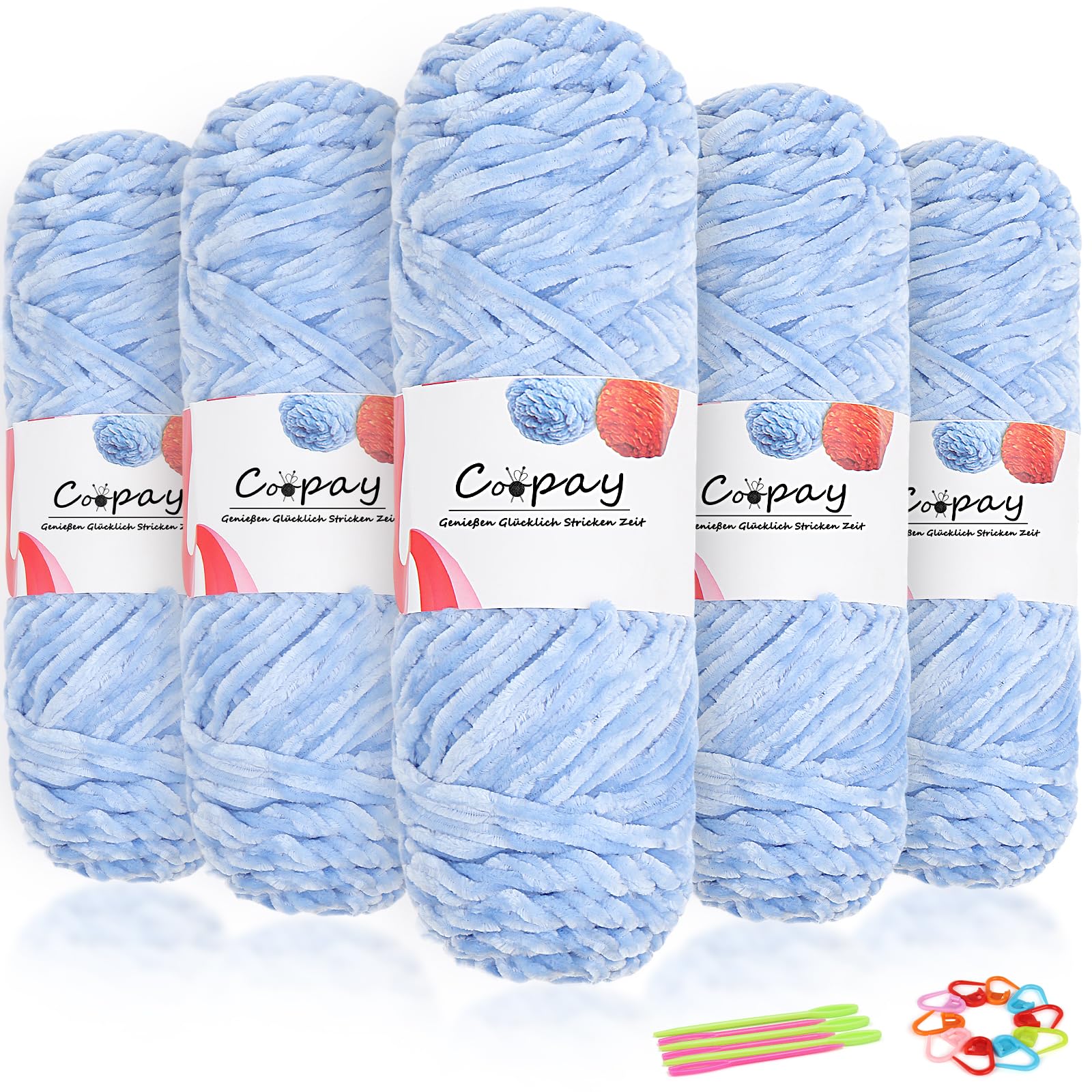 Coopay Samt Chenille Wolle, 500g (5x100g) Velvet Chenillegarn Wolle zum Häkeln, Flauschige Weicher Babywolle für Kinder, Samtig Chenillewolle mit Häkelzubehör für Puppen, Schals
