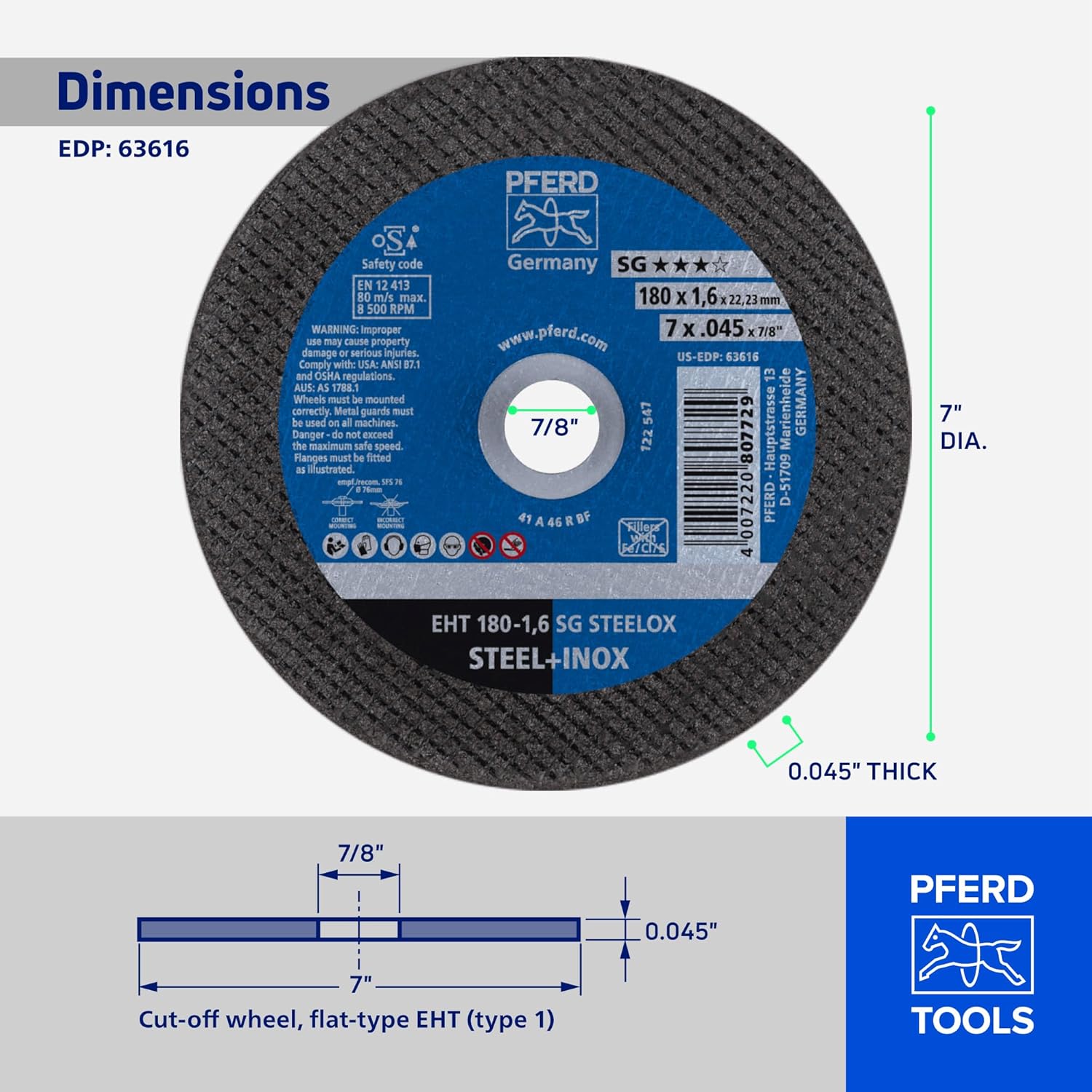 Pferd SG STEELOX Cut-Off Wheel - Type 1, 7" Diameter, 0.045" Thick, 7/8" Arbor, Aluminum Oxide, 8600 RPM – High-Performance Cutting Disc (Pack of 25) - Part 63616