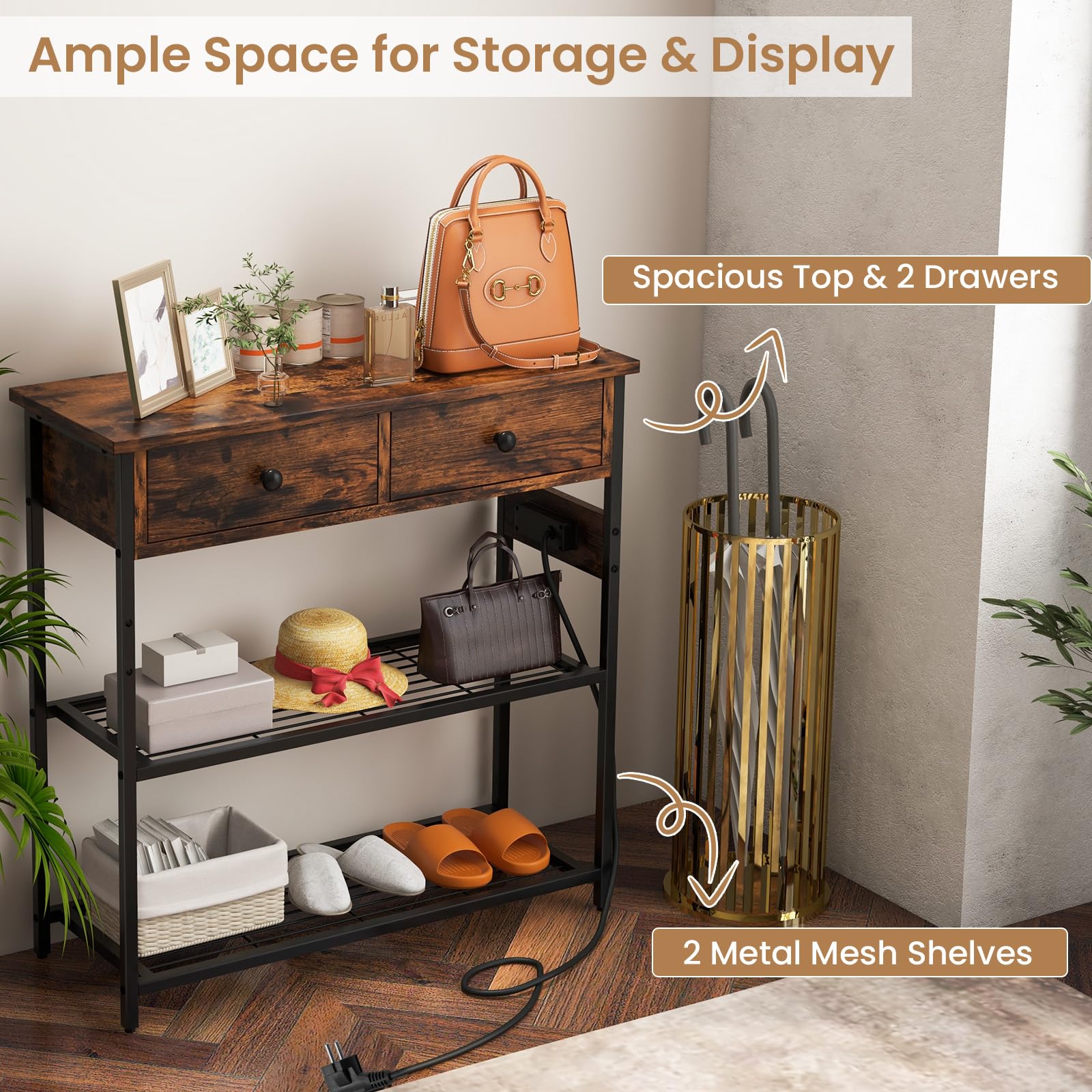 LIFEZEAL Mesa de Consola con Toma de Corriente y Puertos USB, Mesa de Pasillo Industrial Puertos USB, Mueble de Entrada con 2 Cajones, 81 x 30 x 81 cm, Marrón