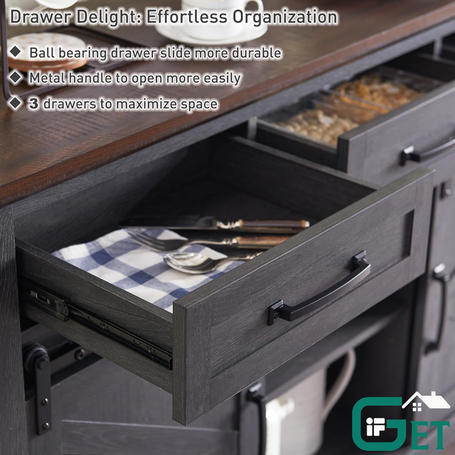 IFGET Farmhouse Buffet Cabinet, 53” Sideboard Cabinet w/3 Drawer, Rustic Storage Cabinet w/Sliding Barn Door, Coffee Bar for Dinning Room, Kitchen, Hallway, and Living Room, Dark Grey