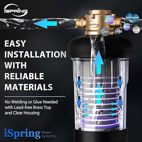 Miniatura 4 de iSpring WSP50J - Filtro de agua de sedimentos giratorio reutilizable para toda la casa, tamaño jumbo mejorado, gran capacidad, filtración de