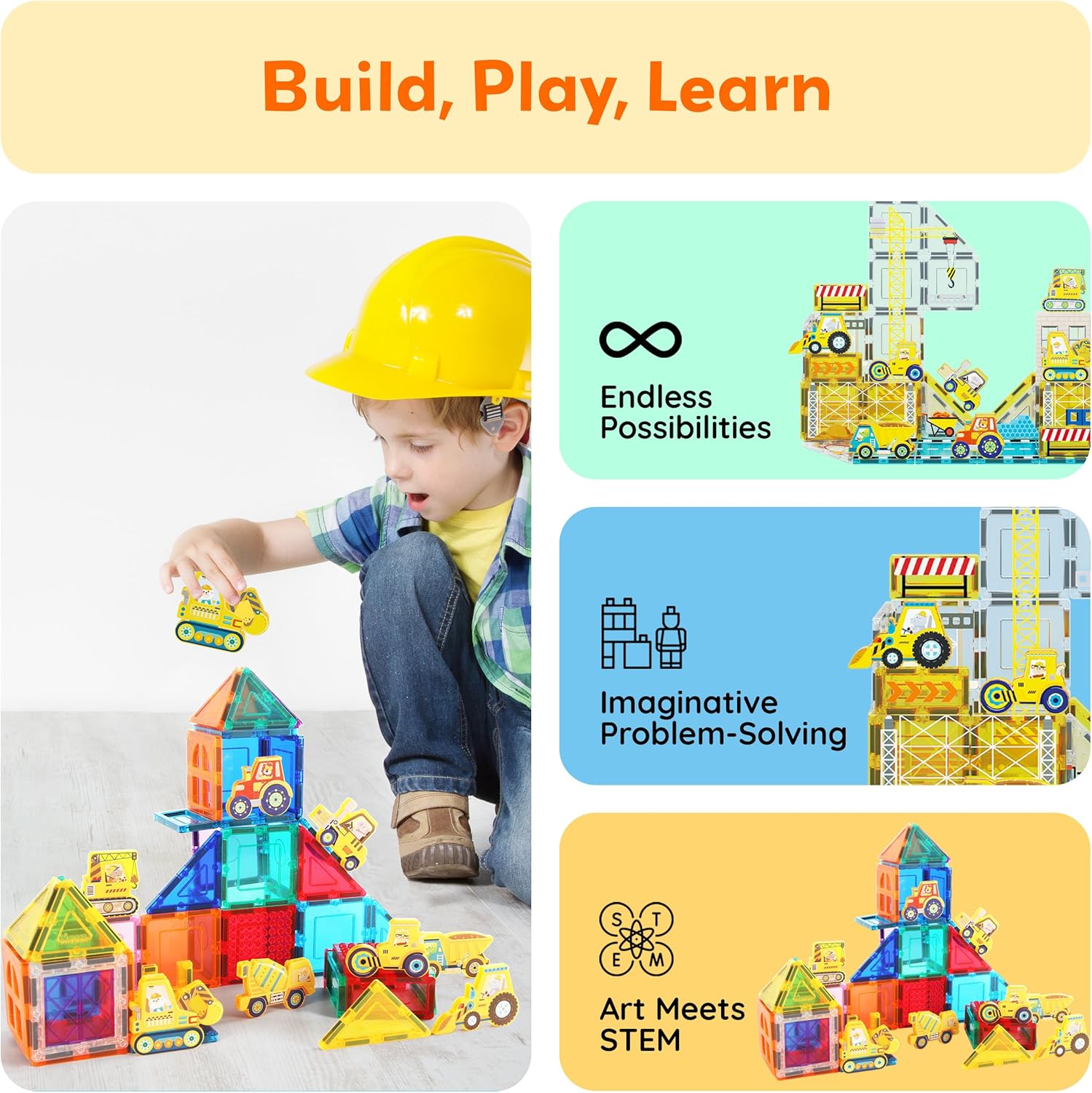 PicassoTiles Magnetic Tile Building Blocks Add On 8 Magnetized Action Figures Construction Vehicles & Zoo Animal Theme Compatible with Magnet Tiles Sets STEM Learning Toy for Boys & Girls Age 3+ PTA21