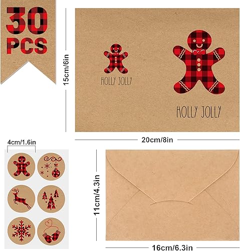 Miniatura 2 de AnyDesign Paquete de 30 tarjetas de felicitación de Navidad de 4 x 6 tarjetas de papel kraft de papel kraft a cuadros rojos y negros con copos de