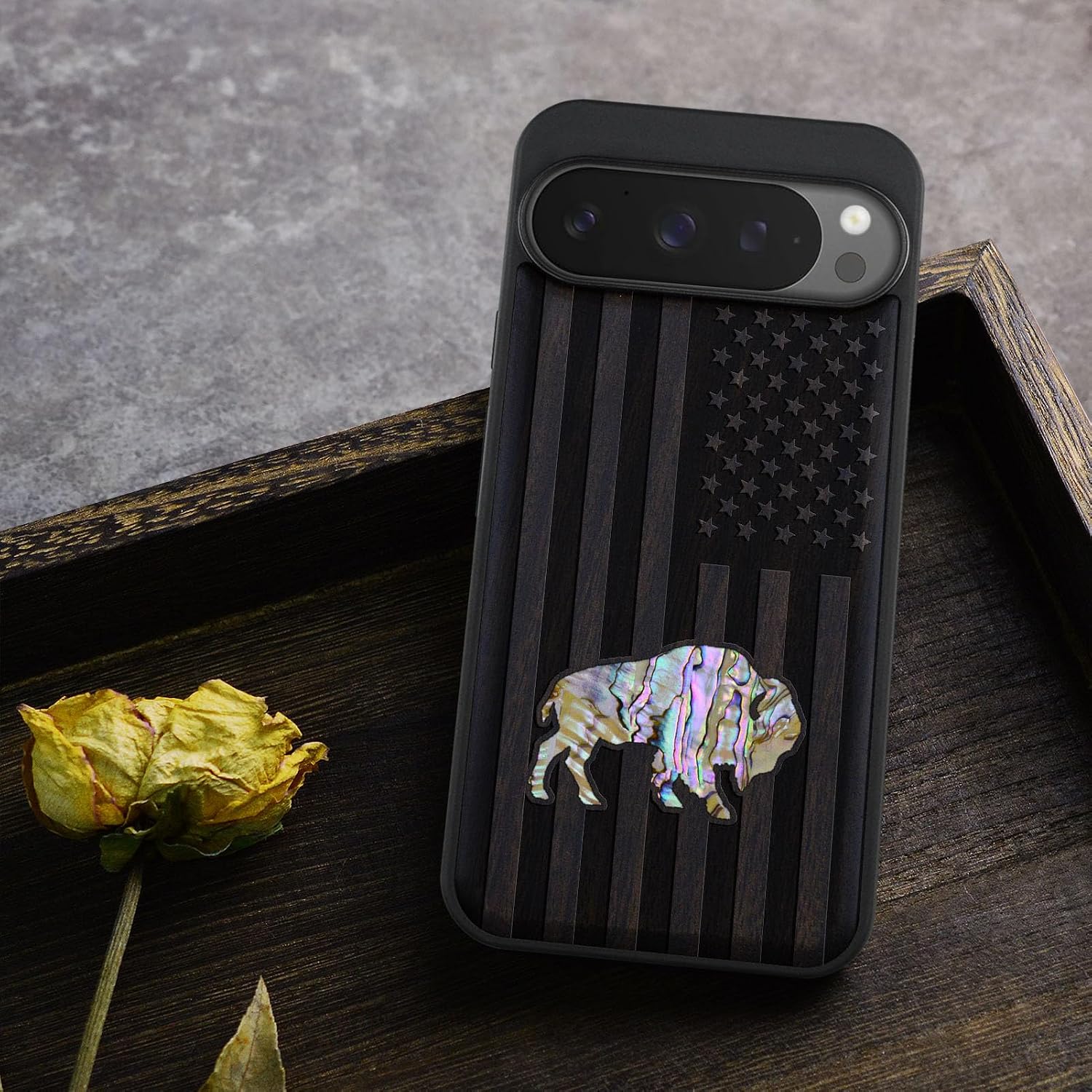 Carveit Magnetic Wooden Case for Google Pixel 9 Pro XL Case, Wood Artisan Engraved & Handmade Shell Inlaid, Compatible with MagSafe Wireless Chargers, American Flag, Bison - Blackwood