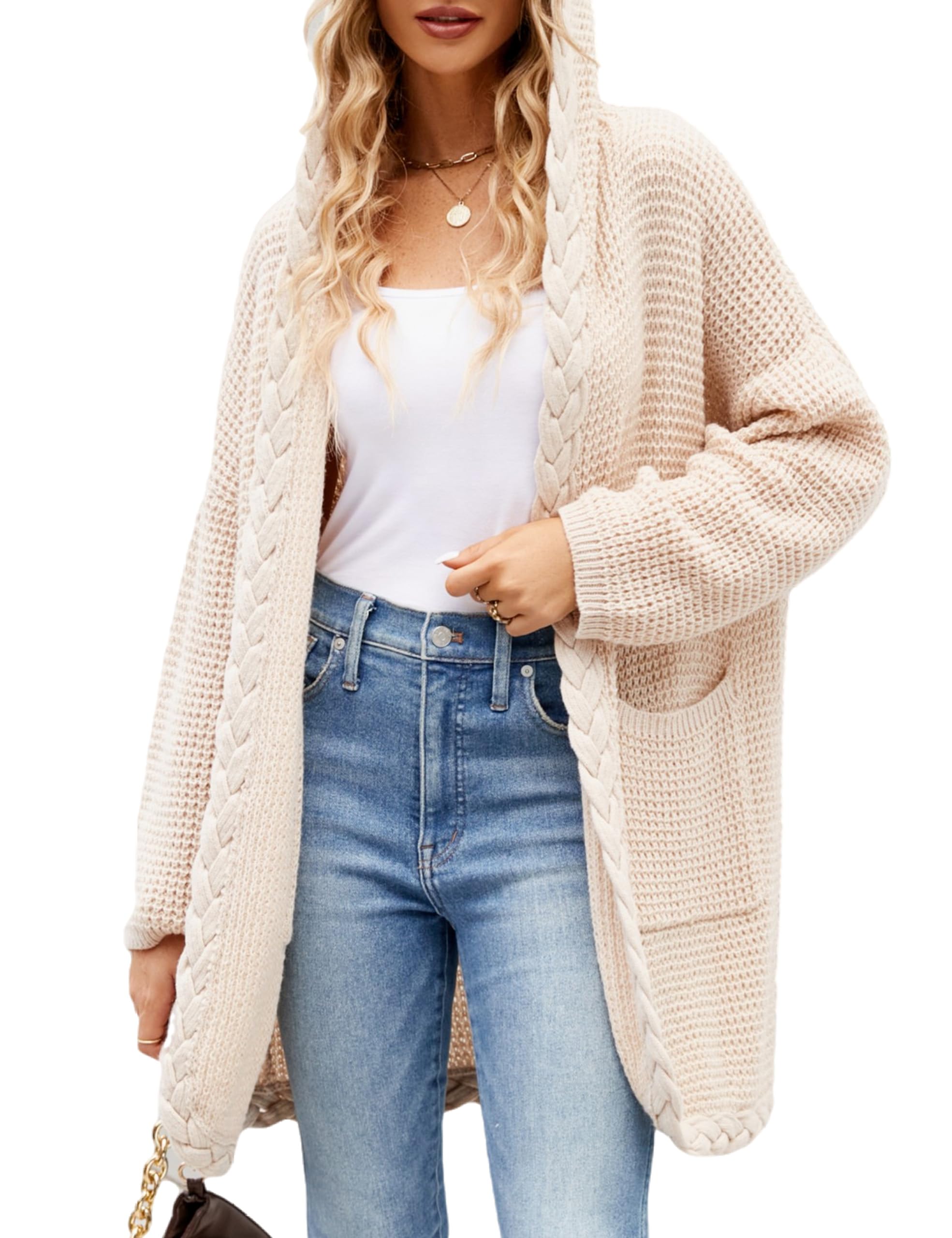 BMJL Womens Fall/Winter Cardigans Hooded Cable Knit Sweaters Oversized Open Front Coats with Pockets 2023