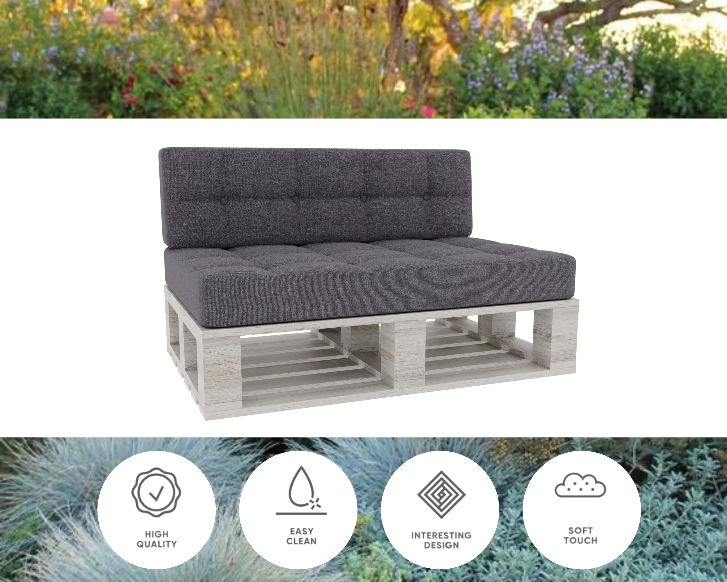 Gutekissen® Palettenkissen Gesteppte Kissen mit Knöpfen, Palettenauflagen Sitzkissen Rückenlehne Gesteppt PFG (Set (Sitzkissen 120x80 +Rückenlehne 120x40), Dunkelgrau)