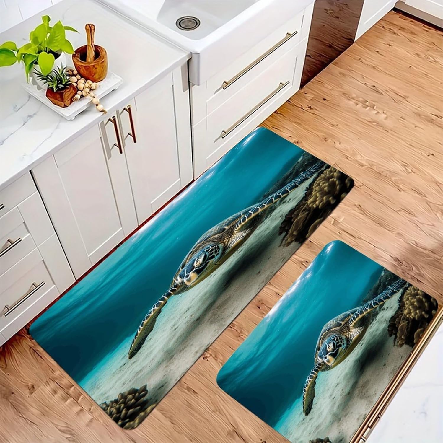 Underwater Diving Sea Turtle Kitchen Mat Washable Non Slip Rugs Soft Kitchen Mats for Floor Set of 2 PCS Cushioned Absorbent Runner Standing Rugs for Home Sink Laundry Office
