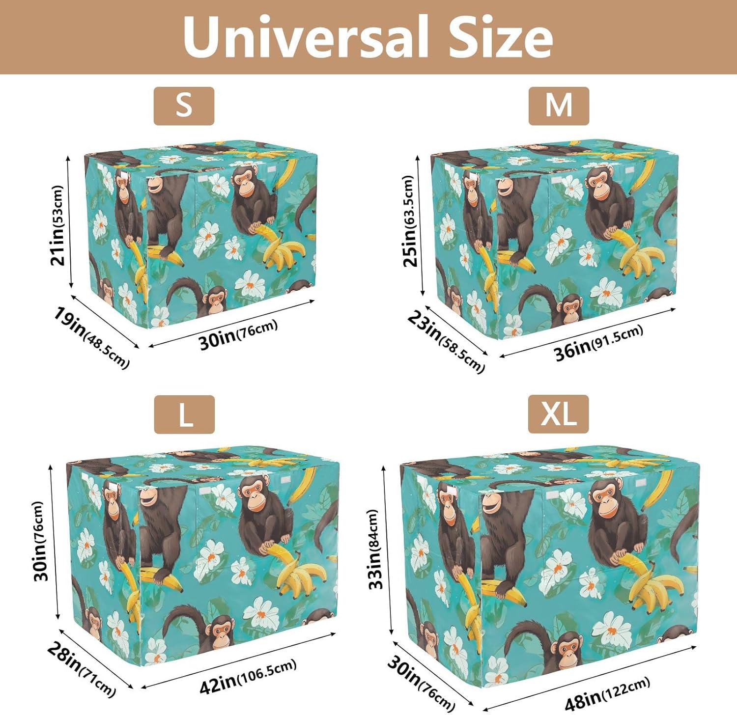 Funny Monkey Bananas Turquoise Dog Crate Covers Roll-up Side Panels, Pet Kennel Cover with Mesh Windows, X-Large