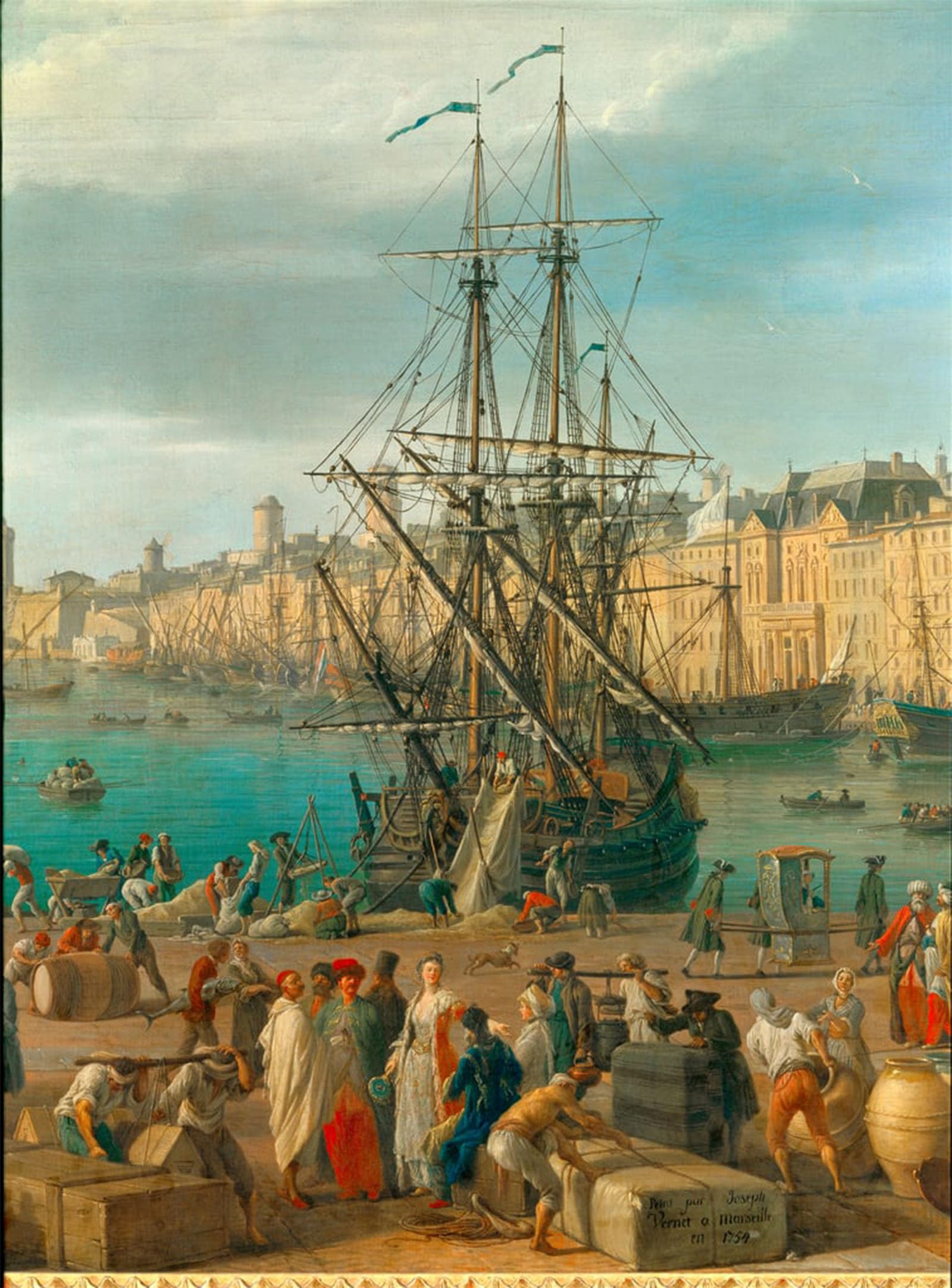 ARTXLXXBN Famous Painting Canvas Artwork Graffiti Print the Port of Marseille in the Detail Representing the Unloading of Goods by Claude Vernet Portrait Canvas Image for Home Decor 60x90cm