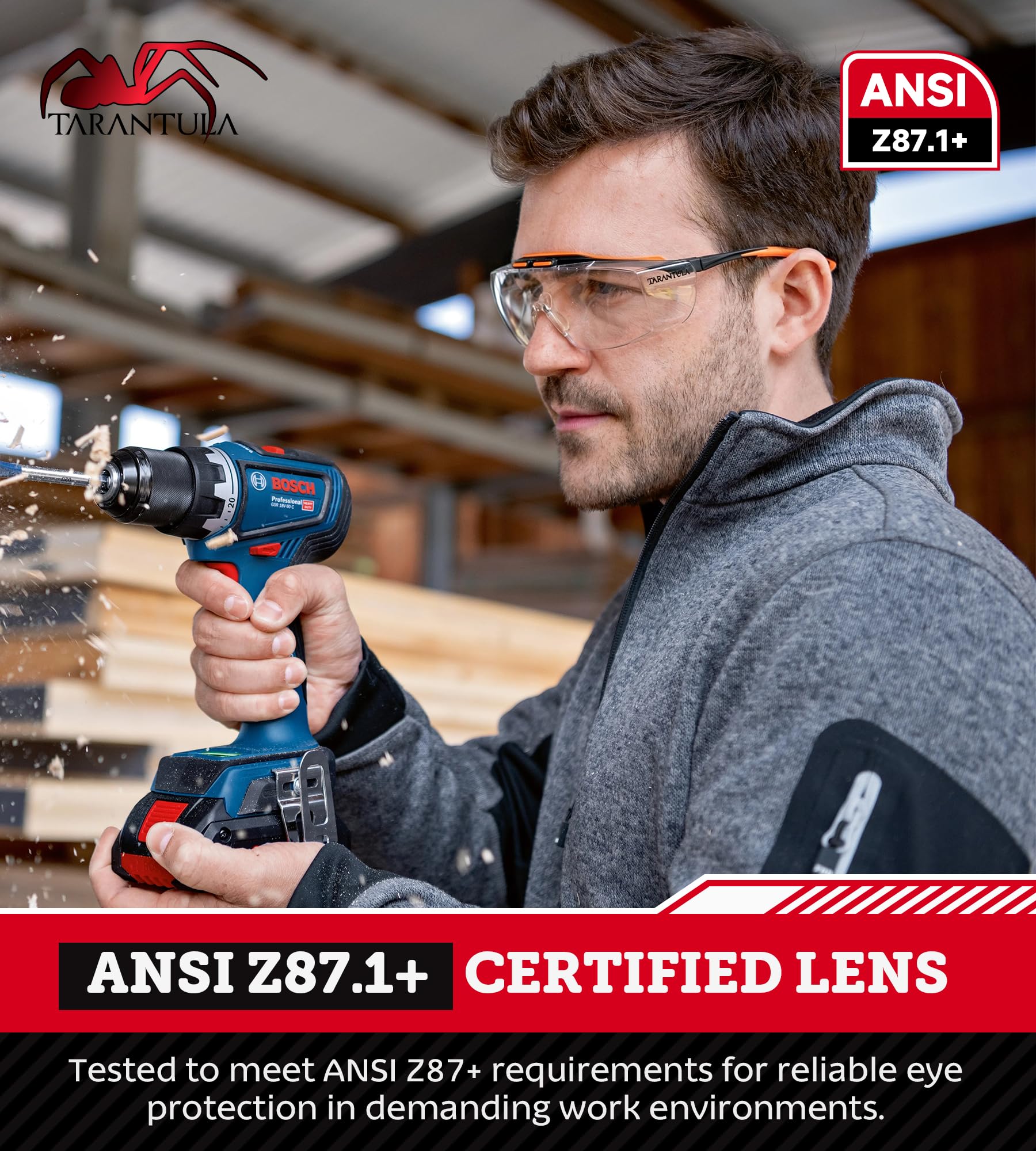 Tarantula ANSI Z87+ - Gafas de seguridad para hombres y mujeres, lentes antiarañazos, protectores laterales, patillas antideslizantes ajustables, gafas protectoras UV