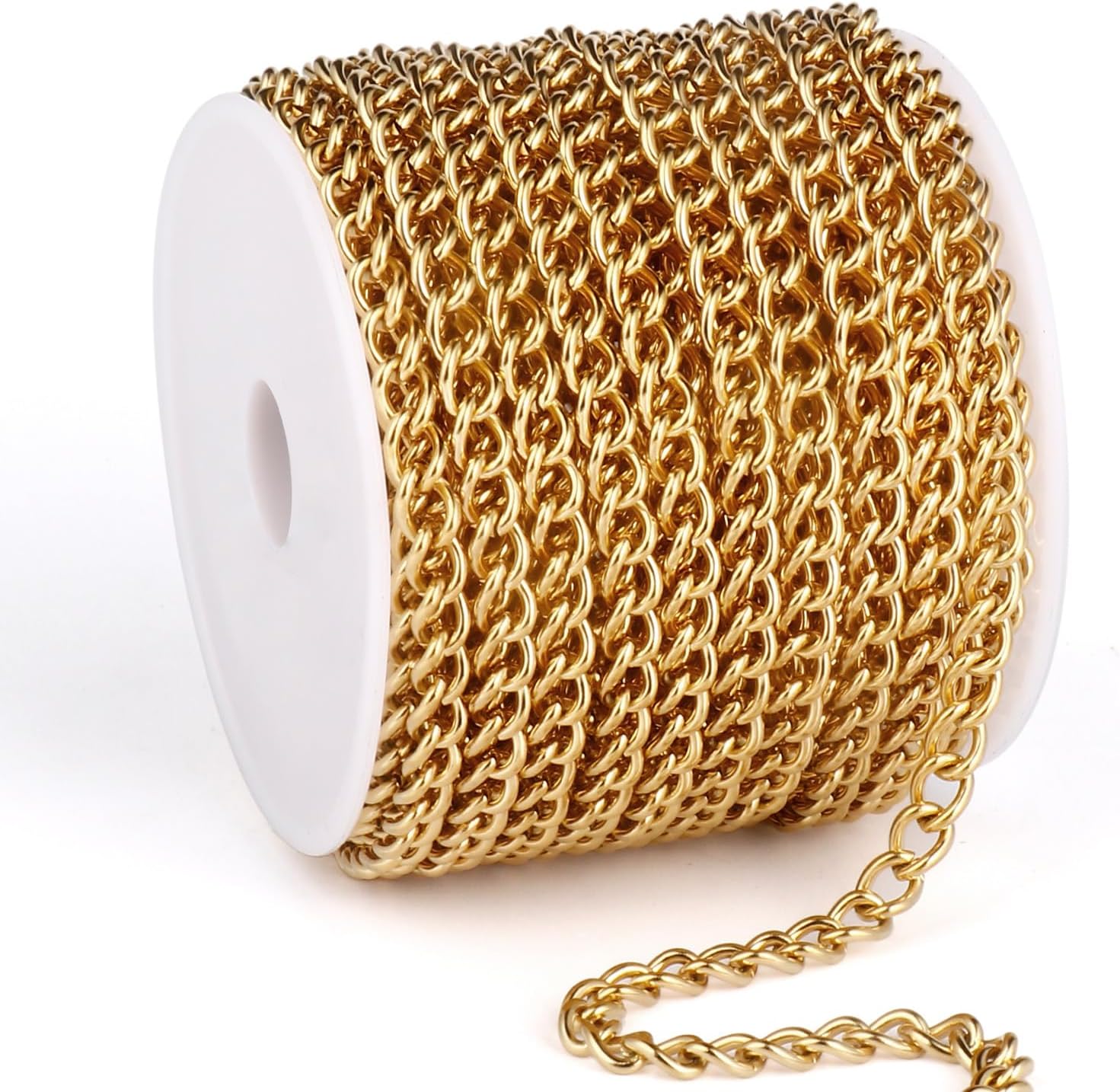33 Feet 18K Gold PVD Plated Stainless Steel Curb Chain Bulk, 5mm 304 Stainless Steel Flat Twisted Link Chains Roll Spool for Jewelry Making Necklace DIY Craft