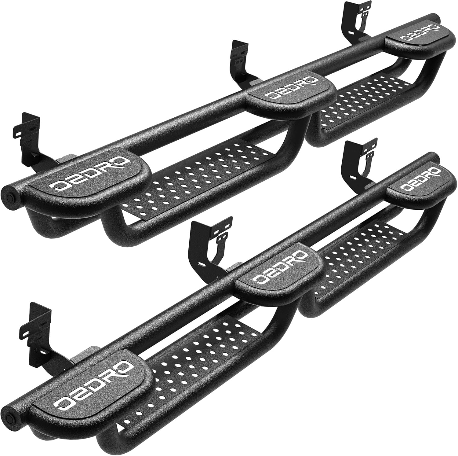 OEDRO Running Boards Compatible with 2009-2018 RAM 1500, 2010-2026 RAM 2500 3500, 2019-2024 RAM 1500 Classic Crew Cab, Triple-Convex Bed Access Side Steps, Two Stairs Nerf Bars Black Powder Coated