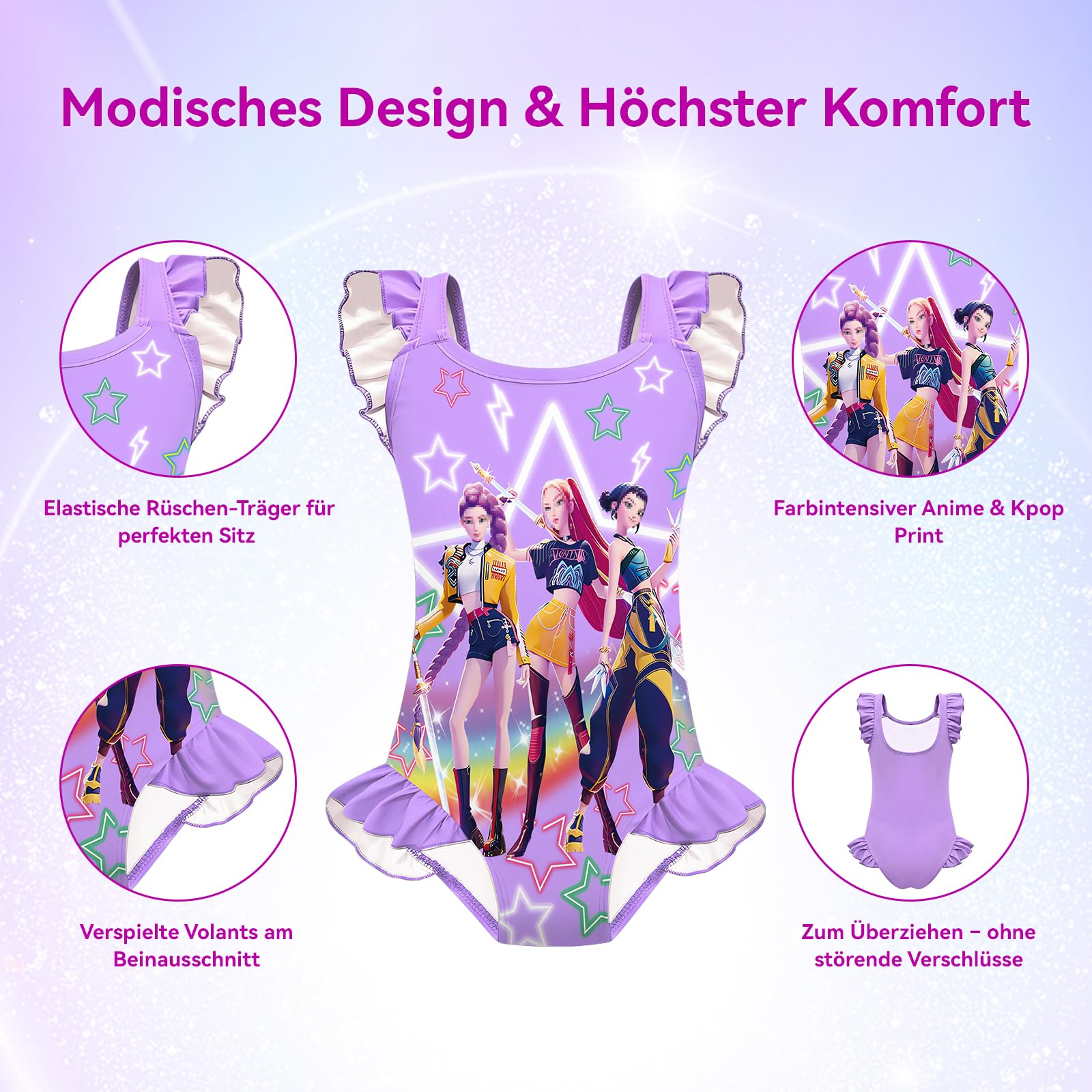 Badeanzug Mädchen, Einteiler Bademode mit Hohem Rücken, Breiten Trägern und Rüschen für Teenager, Elastischer Schwimmanzug, Schnelltrocknender Badebekleidung für Kinder von 6-14 Jahren, Lila