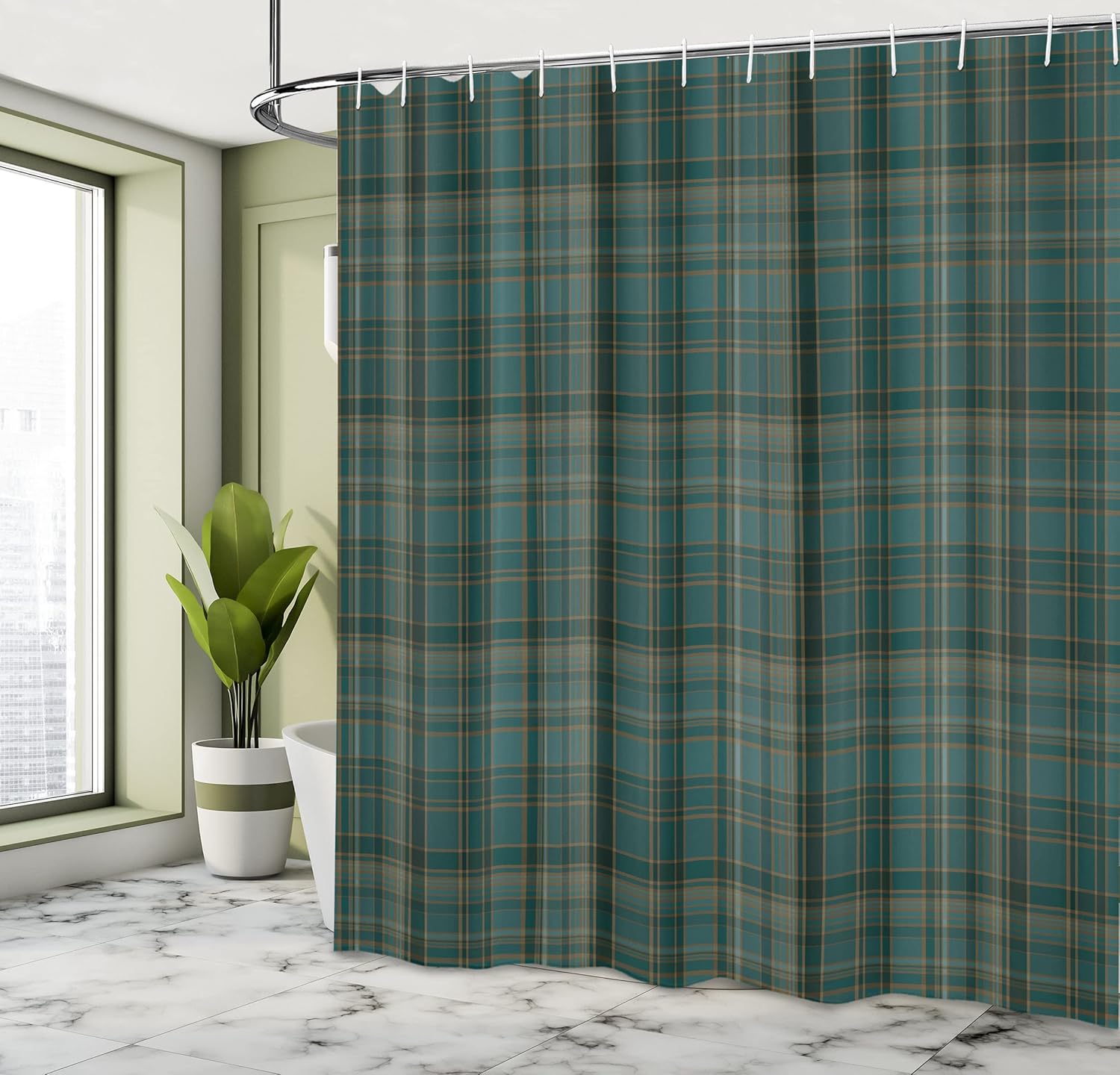 Lunarable Plaid Shower Curtain, Striped Geometric British Pattern Modern Design Elements in Patel Colors, Cloth Fabric Bathroom Decor Set with Hooks, 69" W x 70" L, Dark Teal