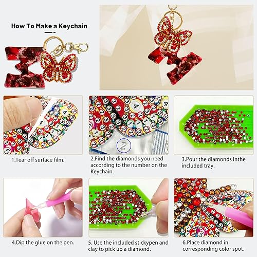 Miniatura 5 de YOYA Llavero de pintura de diamante de mariposa, llavero de letra inicial para mujeres y niñas, bricolaje de doble cara con taladro completo de