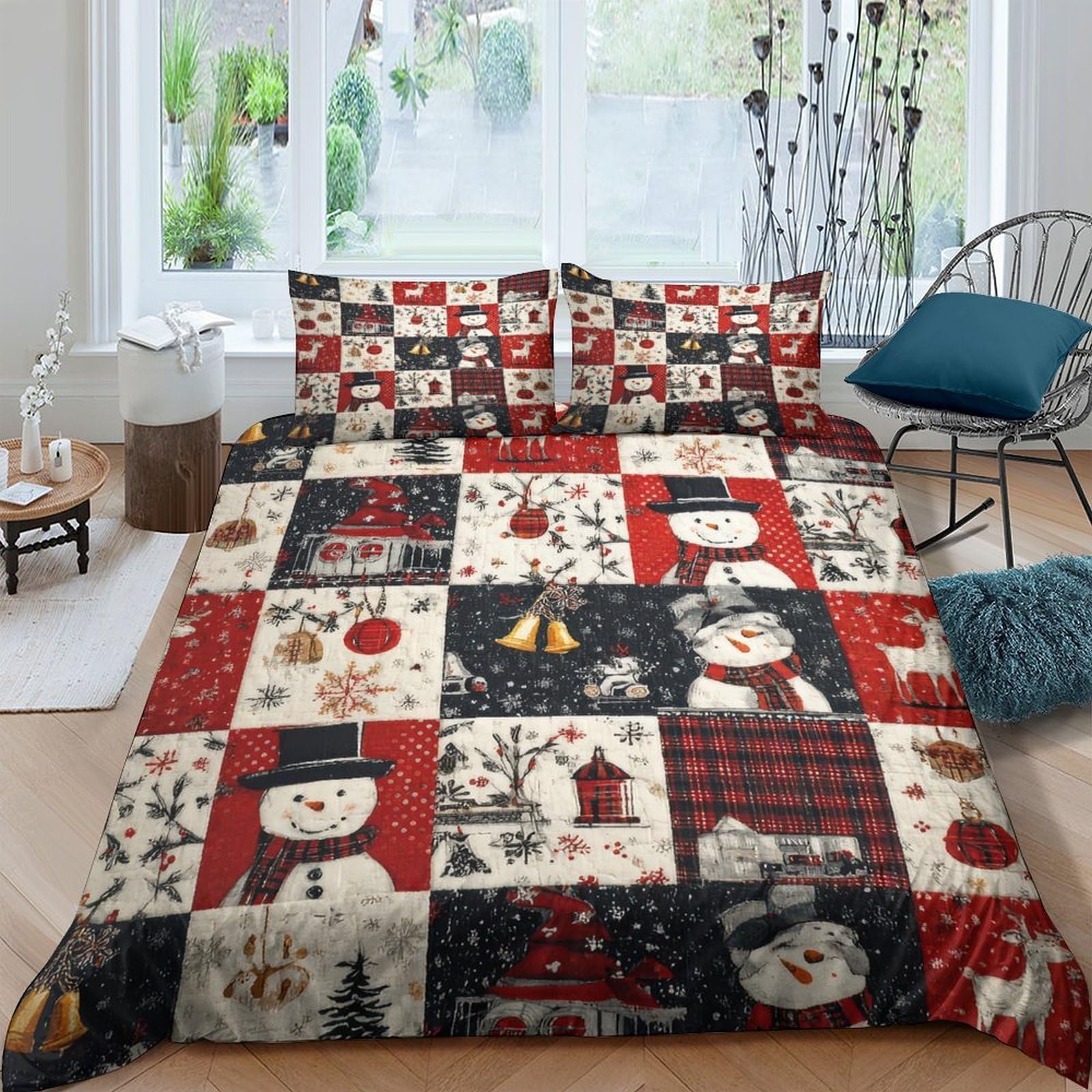 Ctjqhvkz Style-9 3D Printed Christmas Patchwork Fitted Sheet Microfiber Red Black Snowman Bed Cover For Bedroom Guest Room Decor Single（135X200cm）