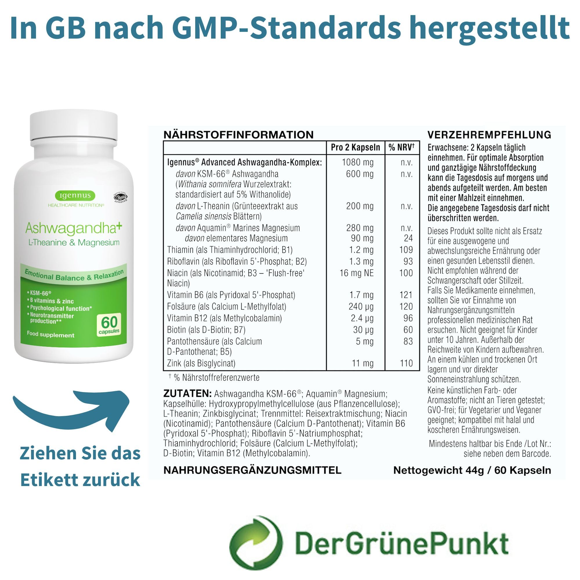 Igennus hochdosierter Ashwagandha Anti-Stress Komplex, KSM-66 Wurzelextrakt & L-Theanin & Magnesium, methylierte B-Vitamine, Adaptogen-Komplex für Entspannung & Schlaf, Clean Label, 60 vegane Kapseln