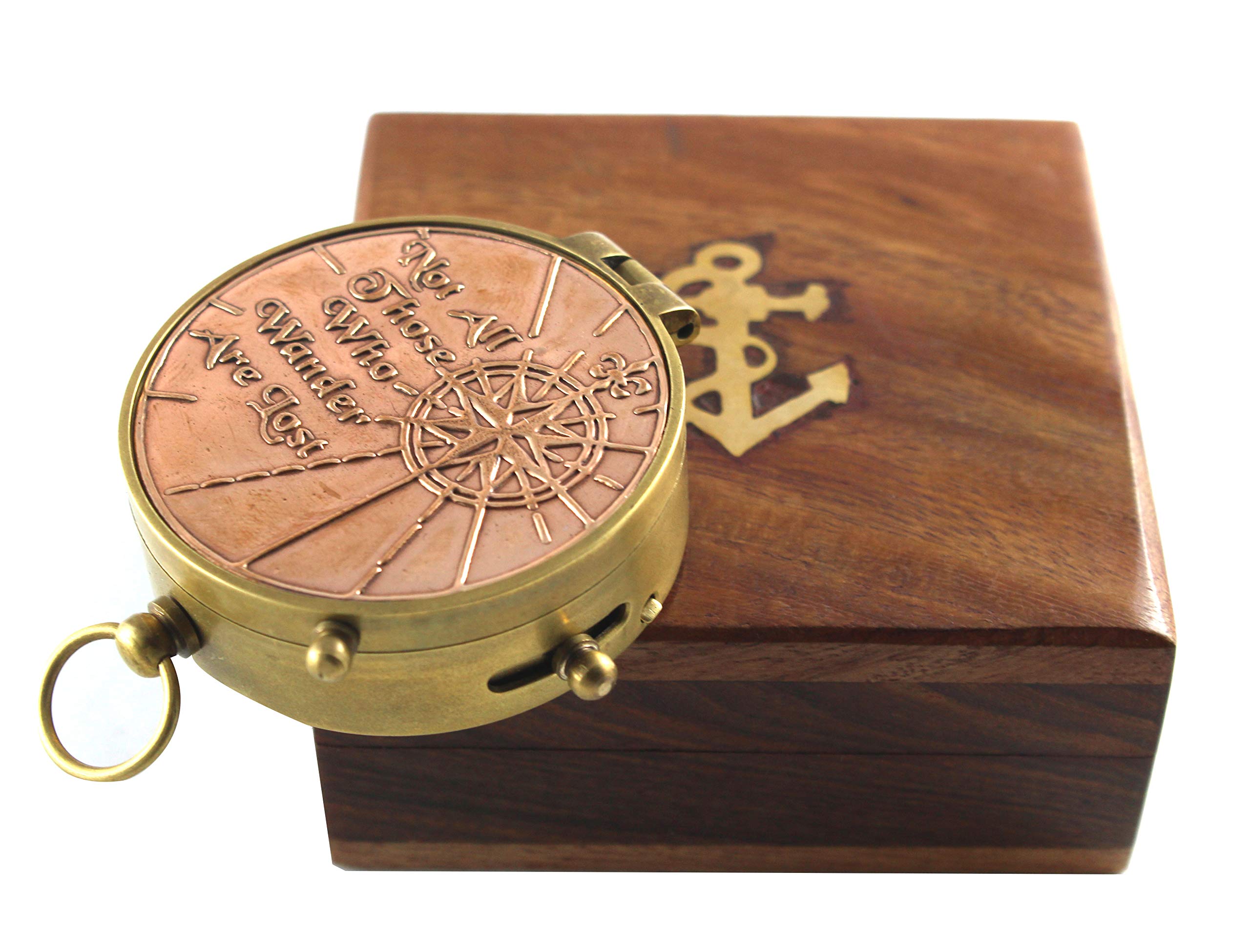 "No todos aquellos que vagar se pierden" Authentic cita brújula con caja de madera – perfecta elección, Halloween, marina latón barco navegar dispositivo