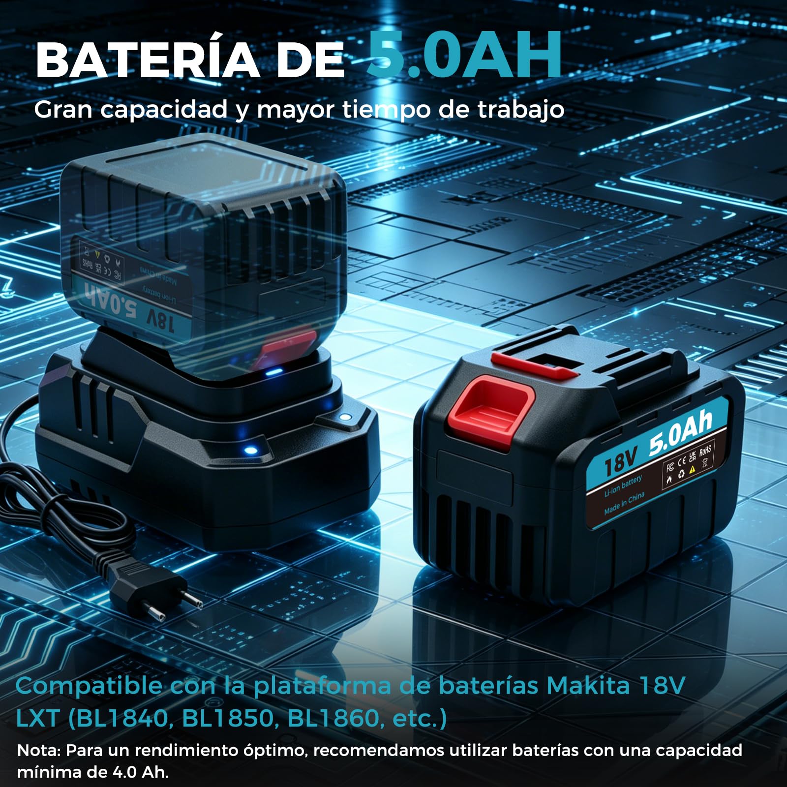 Decapador Térmico a Batería 18V con Batería 5.0Ah y Cargador Rápido | Pistola de Aire Caliente Compatible con Makita LXT, Pantalla LCD (Ajuste Rápido), 50-550°C, 6 Velocidades, 7 Accesorios